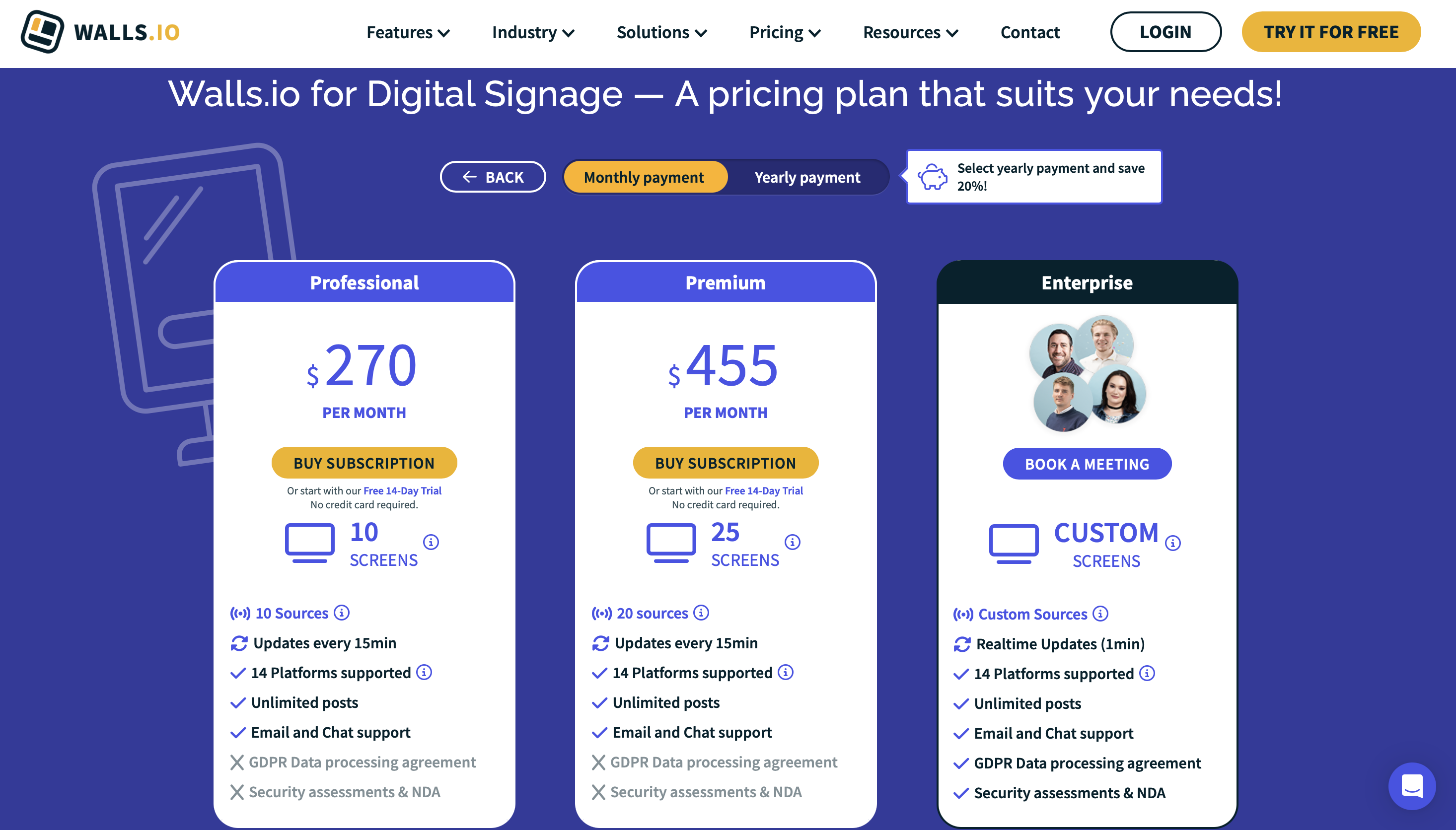 Walls.io pricing for digital signage showing $250 monthly starting price