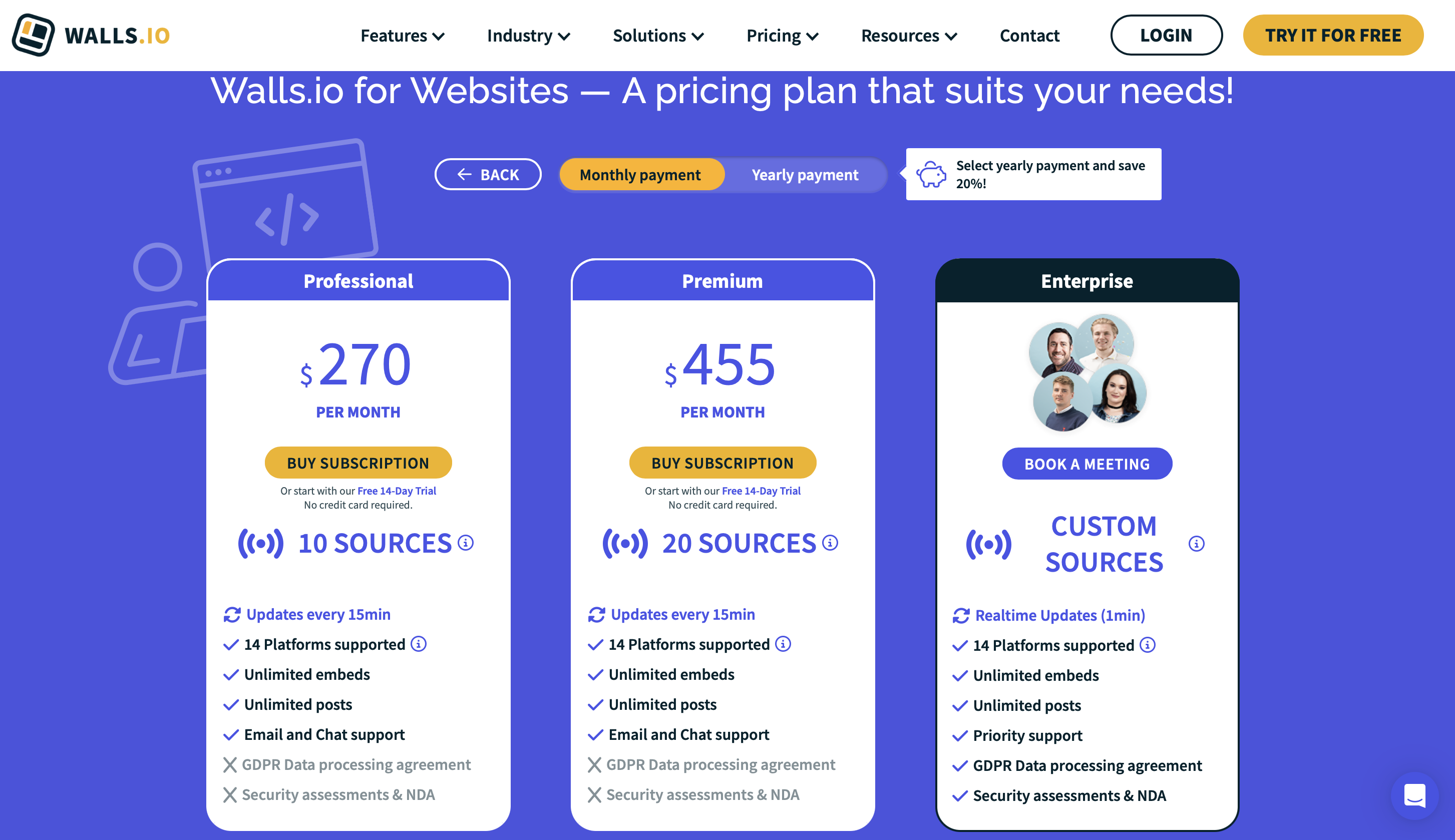Walls.io pricing for websites showing $250 monthly starting price