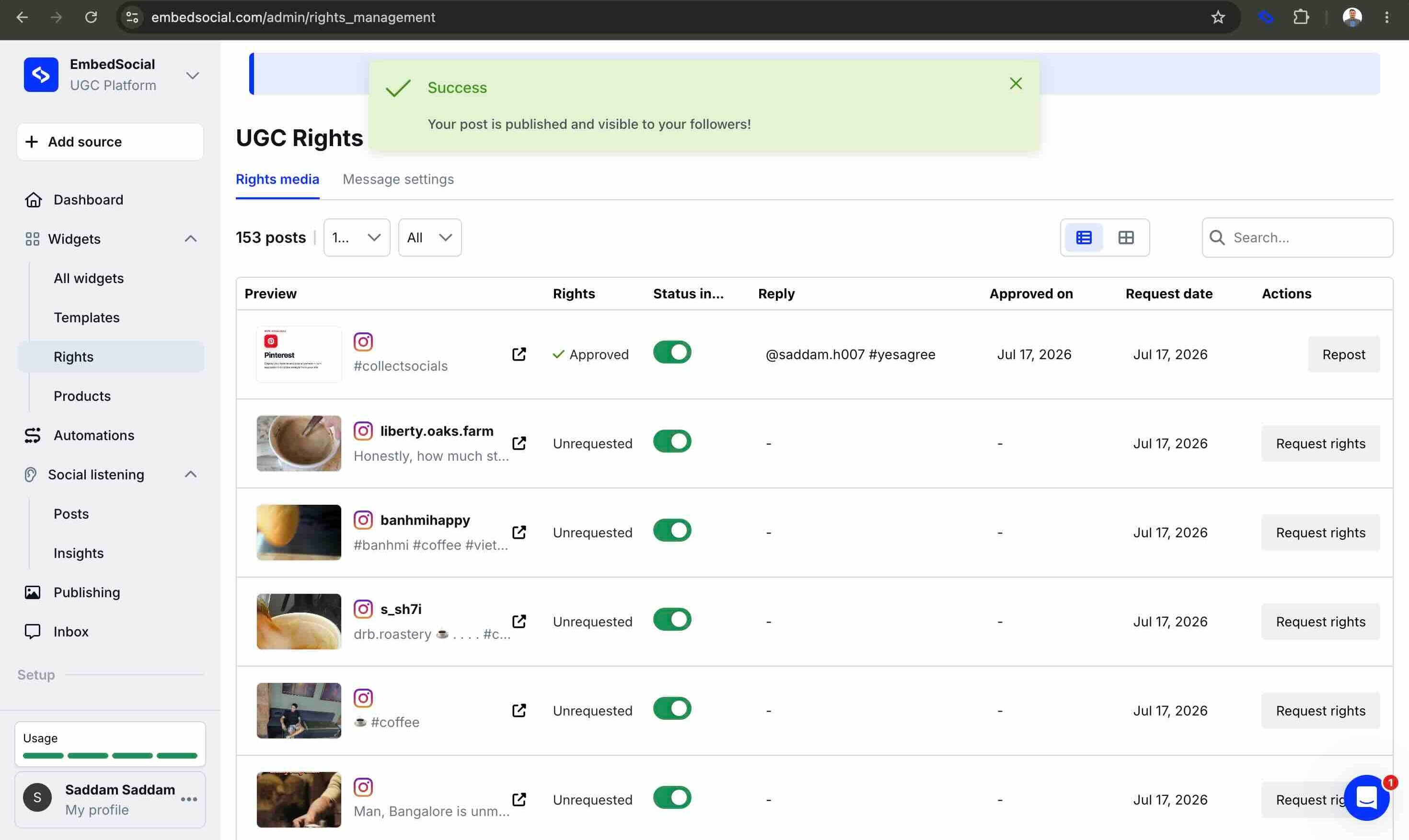 EmbedSocial showing a green success banner reading Your post is published and visible to your followers, above the approved post's row with a Repost action