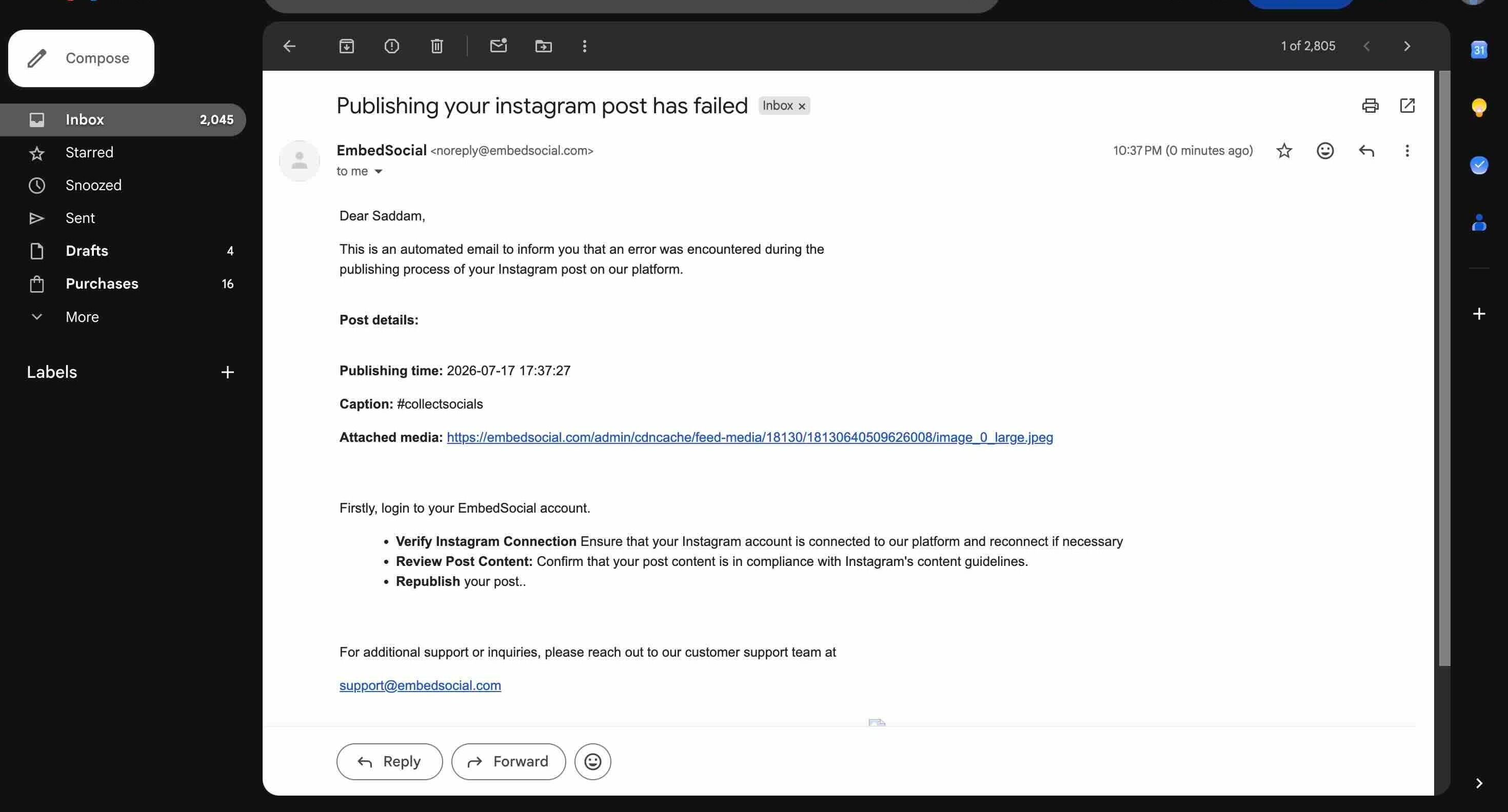 Email from EmbedSocial titled Publishing your instagram post has failed, listing the post caption and remediation steps, received at the same moment as the success banner