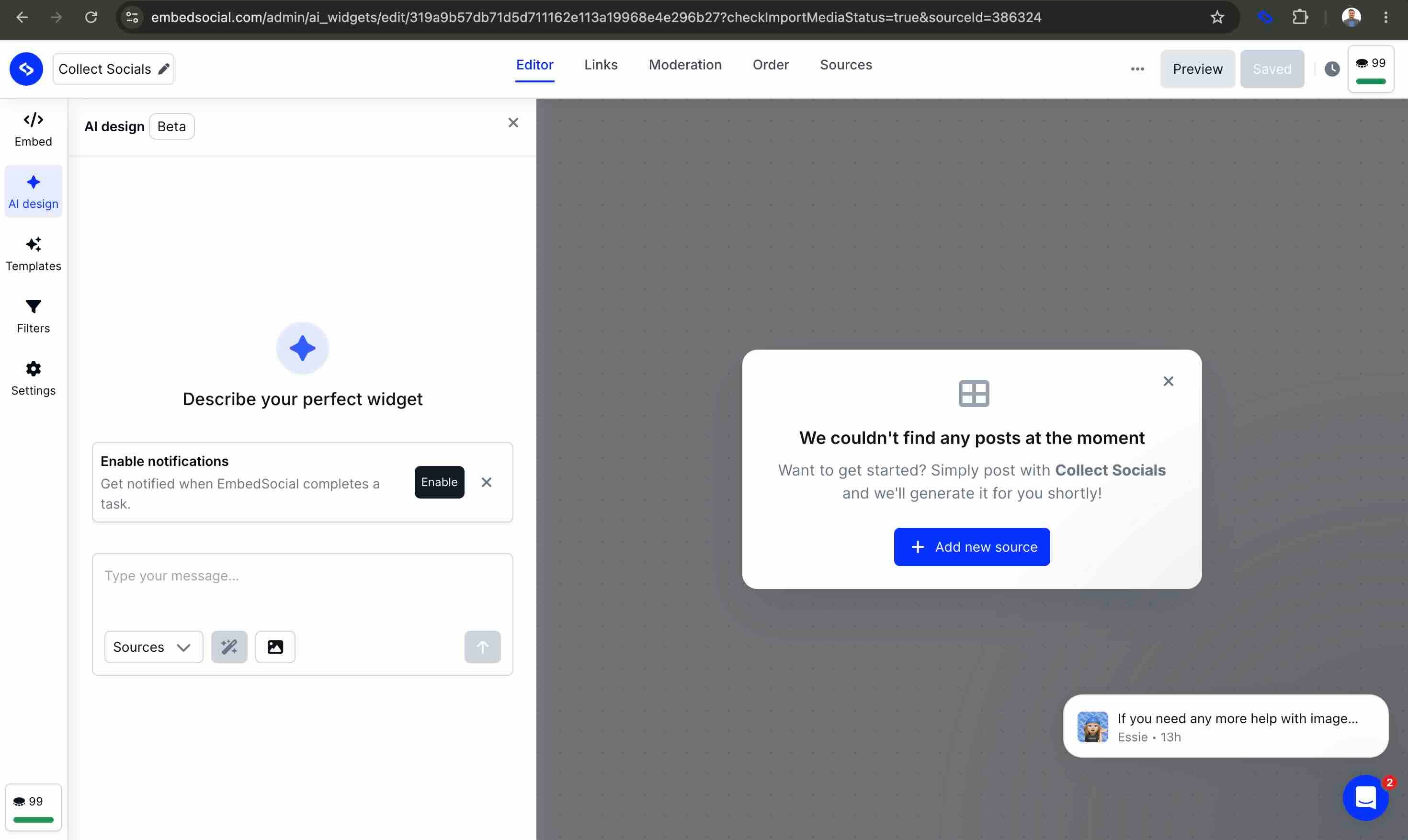 EmbedSocial widget editor showing an empty state that reads We couldn't find any posts at the moment for a source whose Facebook grant had been revoked