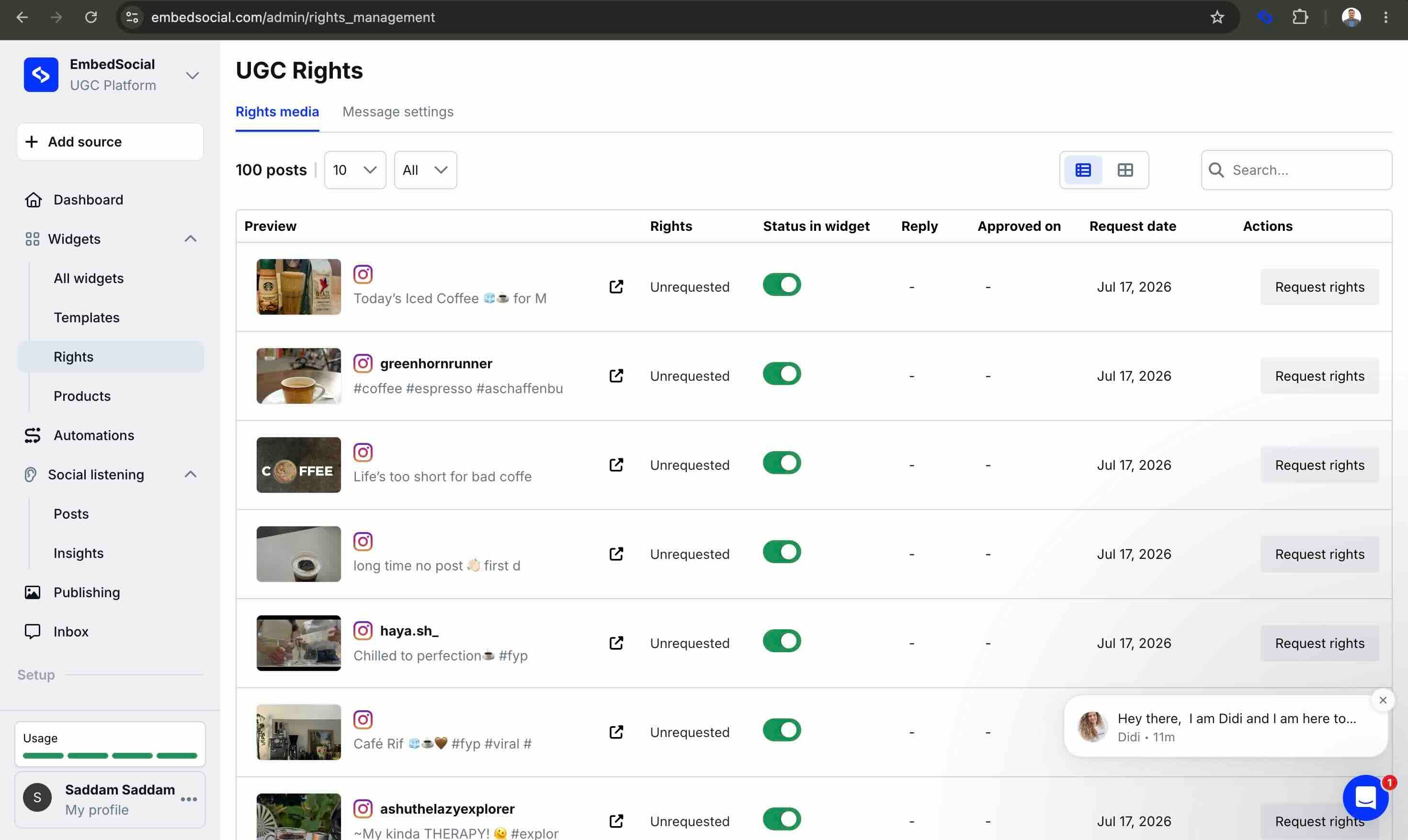 EmbedSocial UGC Rights dashboard listing 100 ingested Instagram posts, every row marked Unrequested with a Request rights button