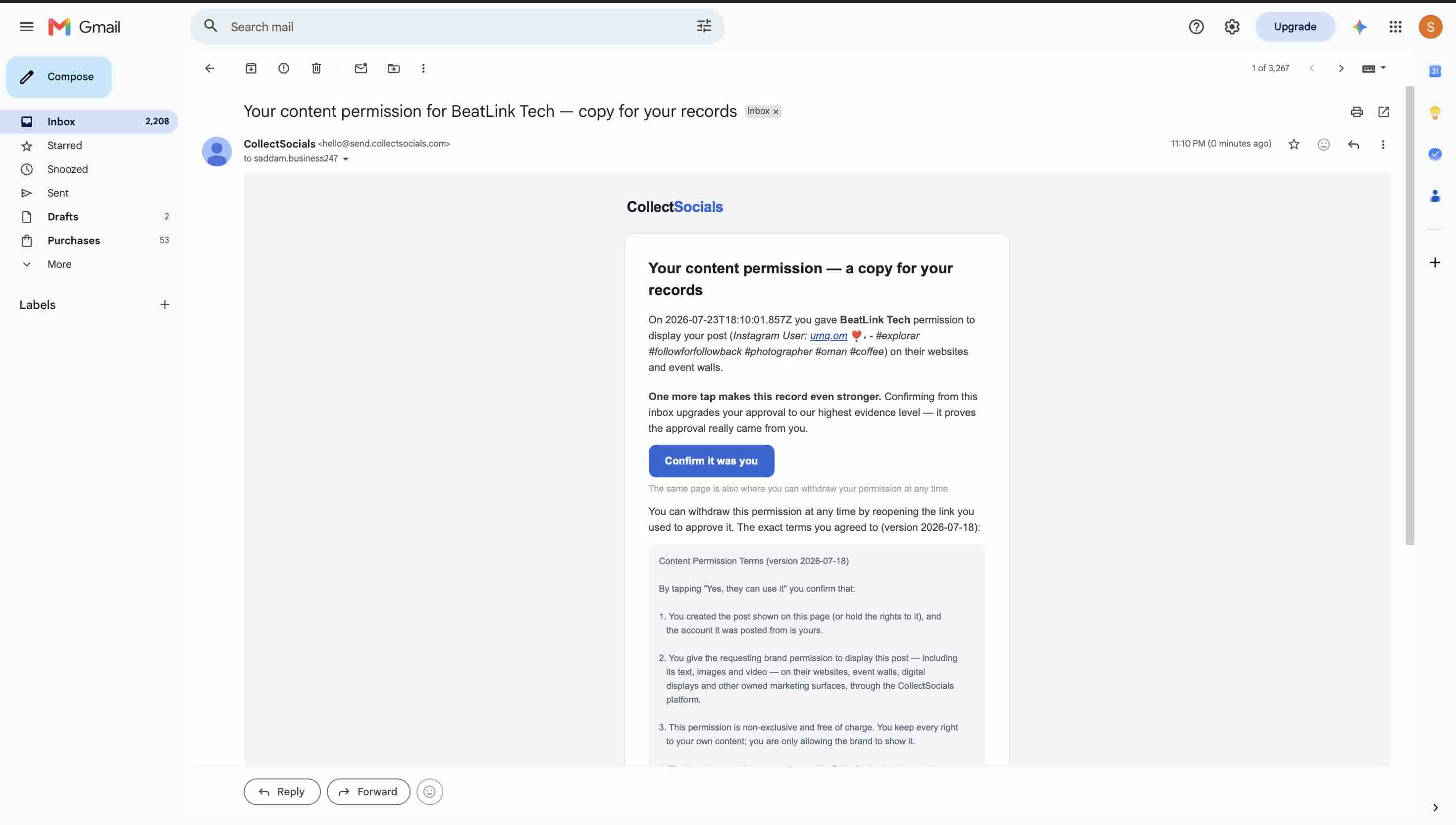 CollectSocials email titled Your content permission, a copy for your records, showing the exact versioned terms the creator agreed to and a timestamp