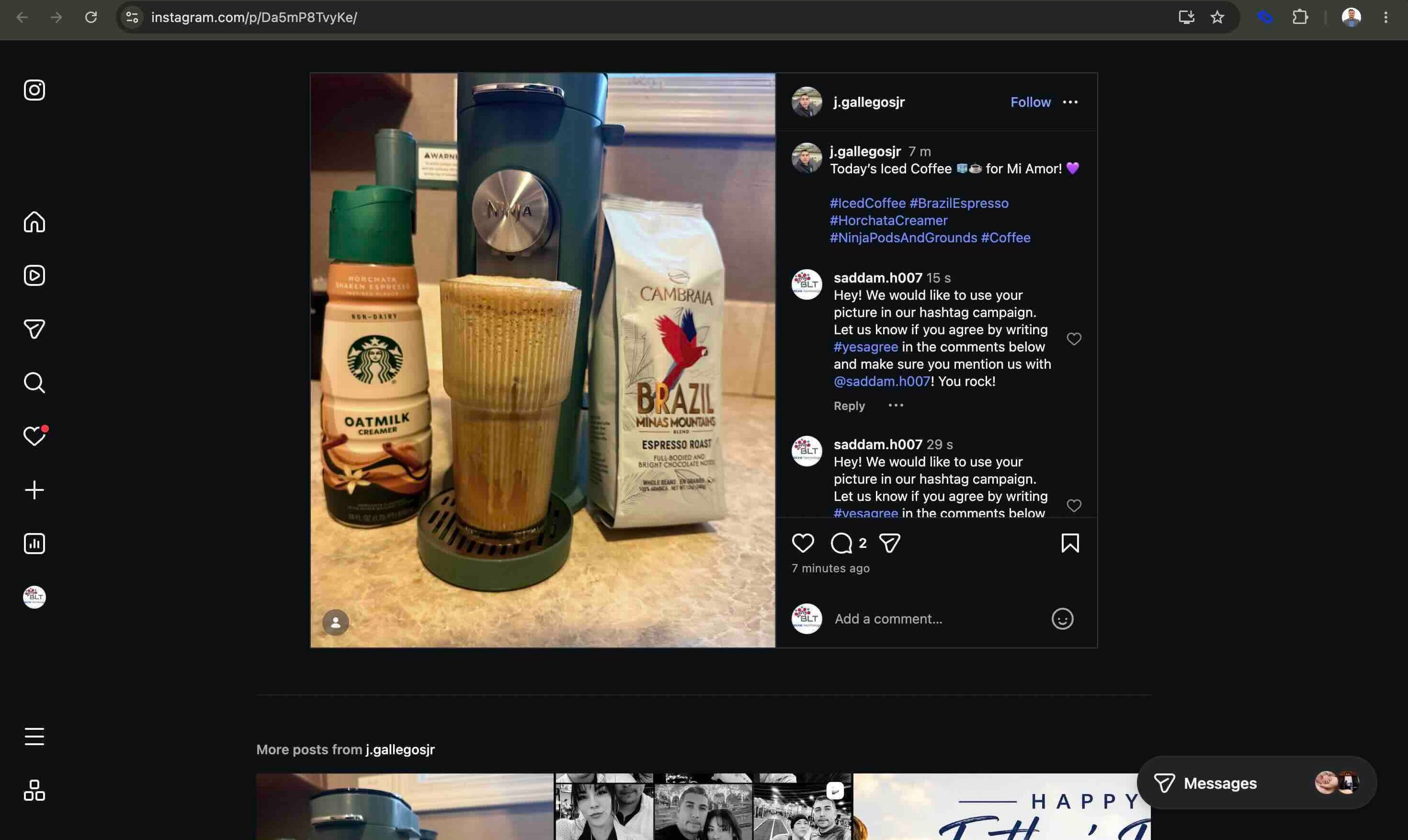 A real Instagram post with two identical UGC rights-request comments posted by the same brand account within seconds of each other