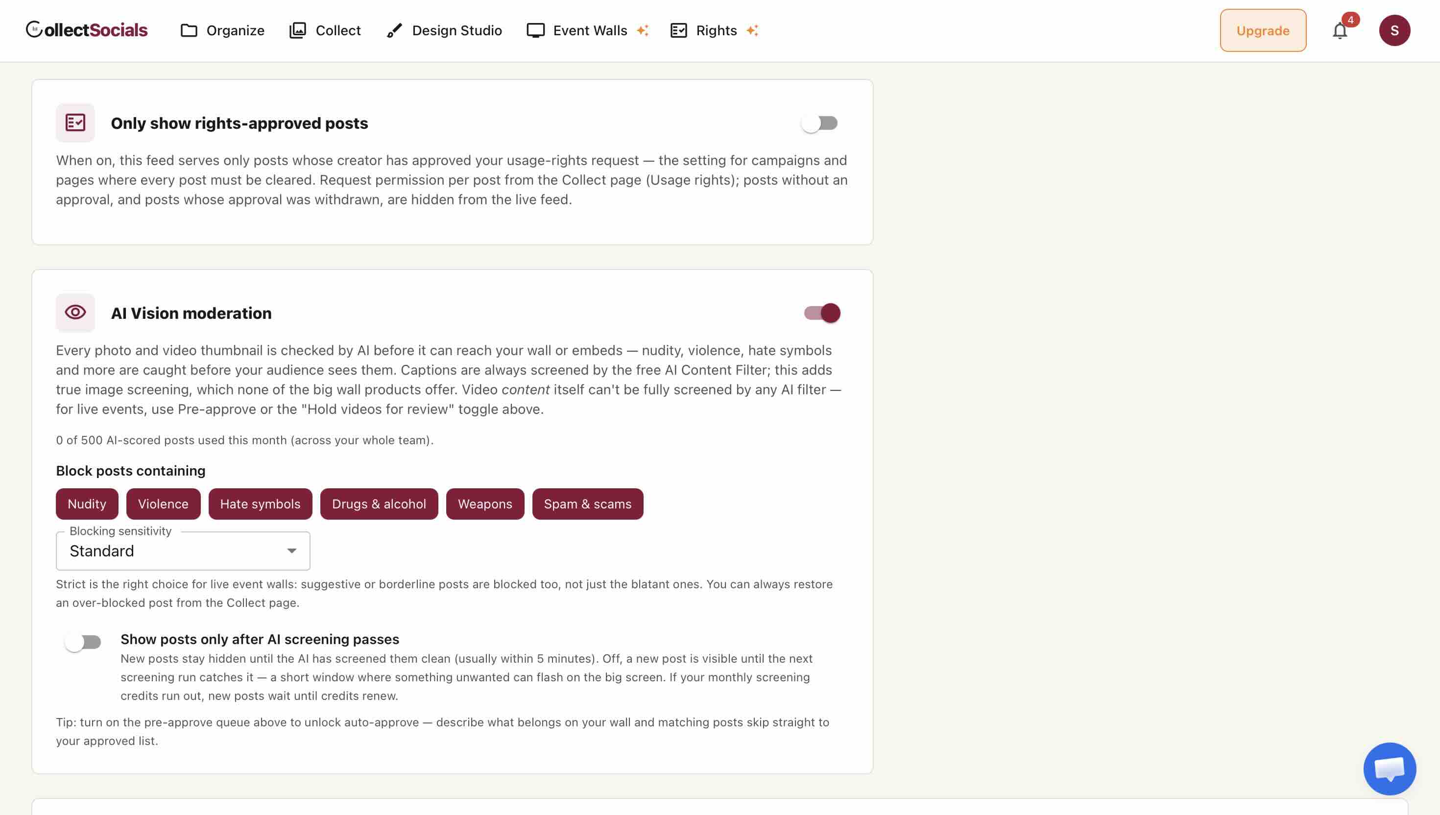 CollectSocials AI Vision moderation settings with blocking categories for nudity, violence, hate symbols, drugs and alcohol, weapons and spam, a blocking sensitivity selector, and a counter showing AI-scored posts used this month