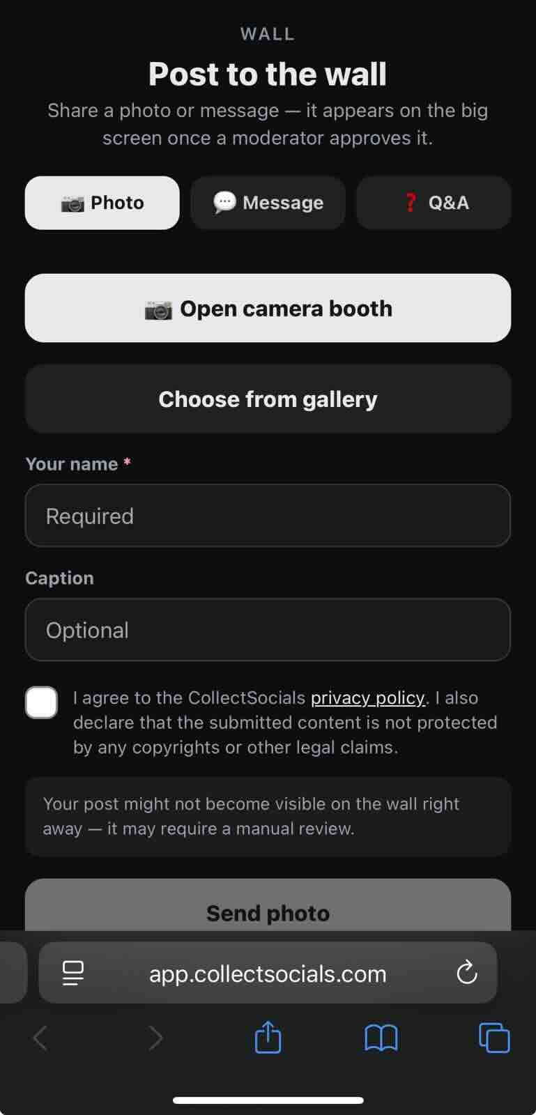 The CollectSocials attendee posting hub on a phone, with Photo, Message and Q and A tabs, an open camera booth button, a required name field, and a consent checkbox covering the privacy policy and a copyright declaration