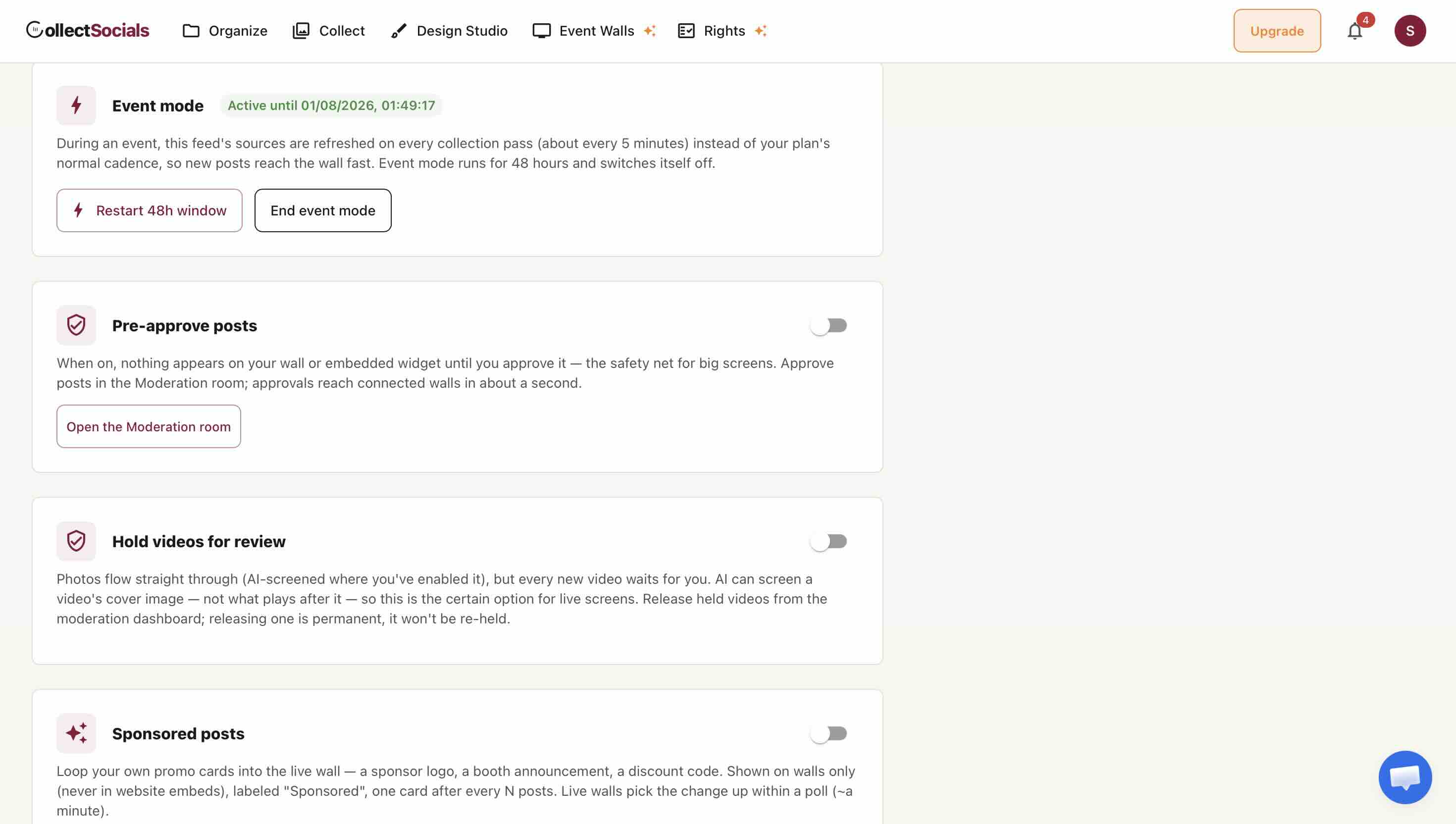 CollectSocials wall settings showing Event mode active with a 48-hour window, alongside toggles for Pre-approve posts, Hold videos for review and Sponsored posts