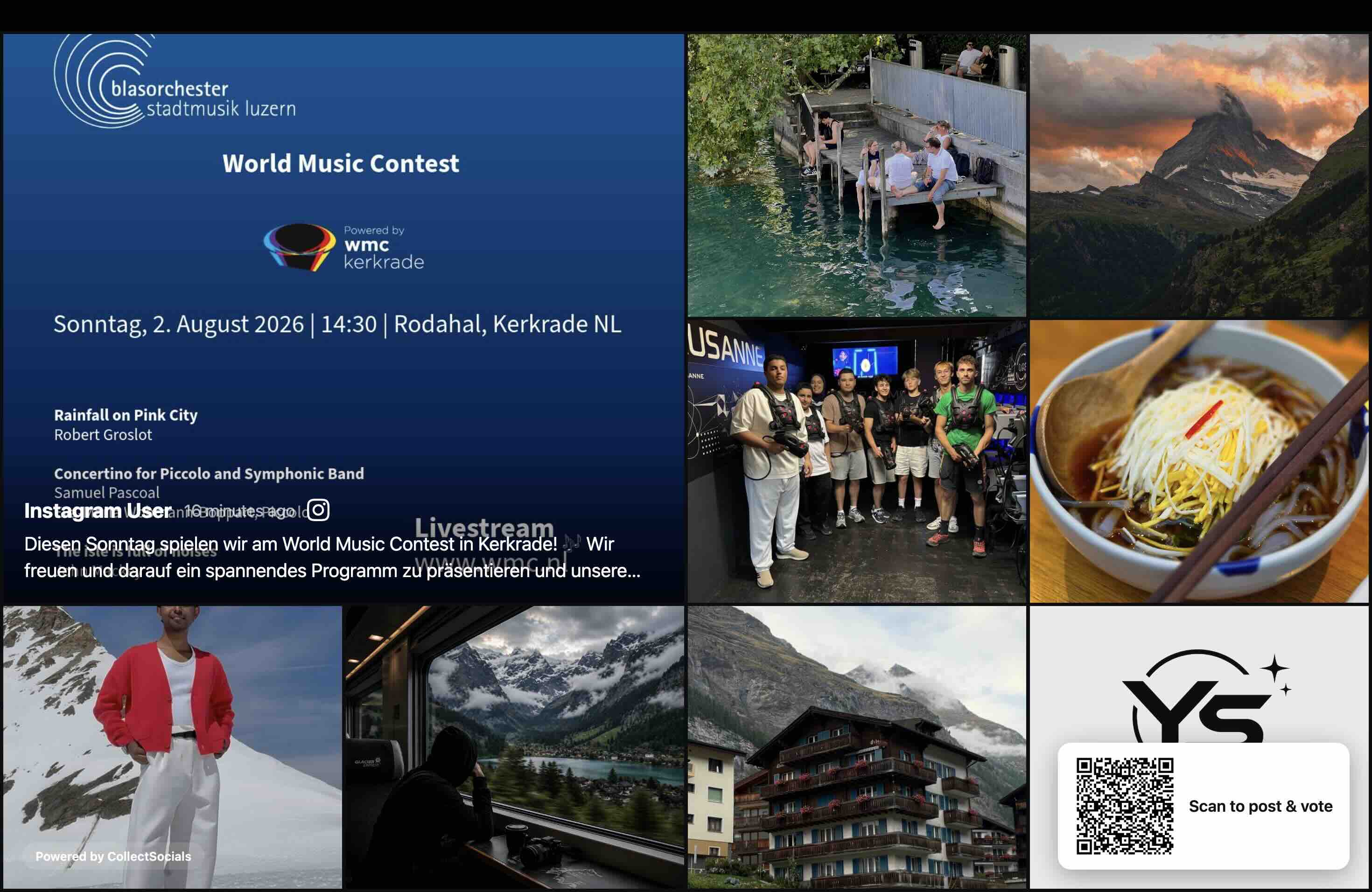 A live CollectSocials event wall filling a big screen — a bricks photo wall of Instagram posts, a sponsor card for a World Music Contest performance, and a Scan to post and vote QR card in the bottom corner