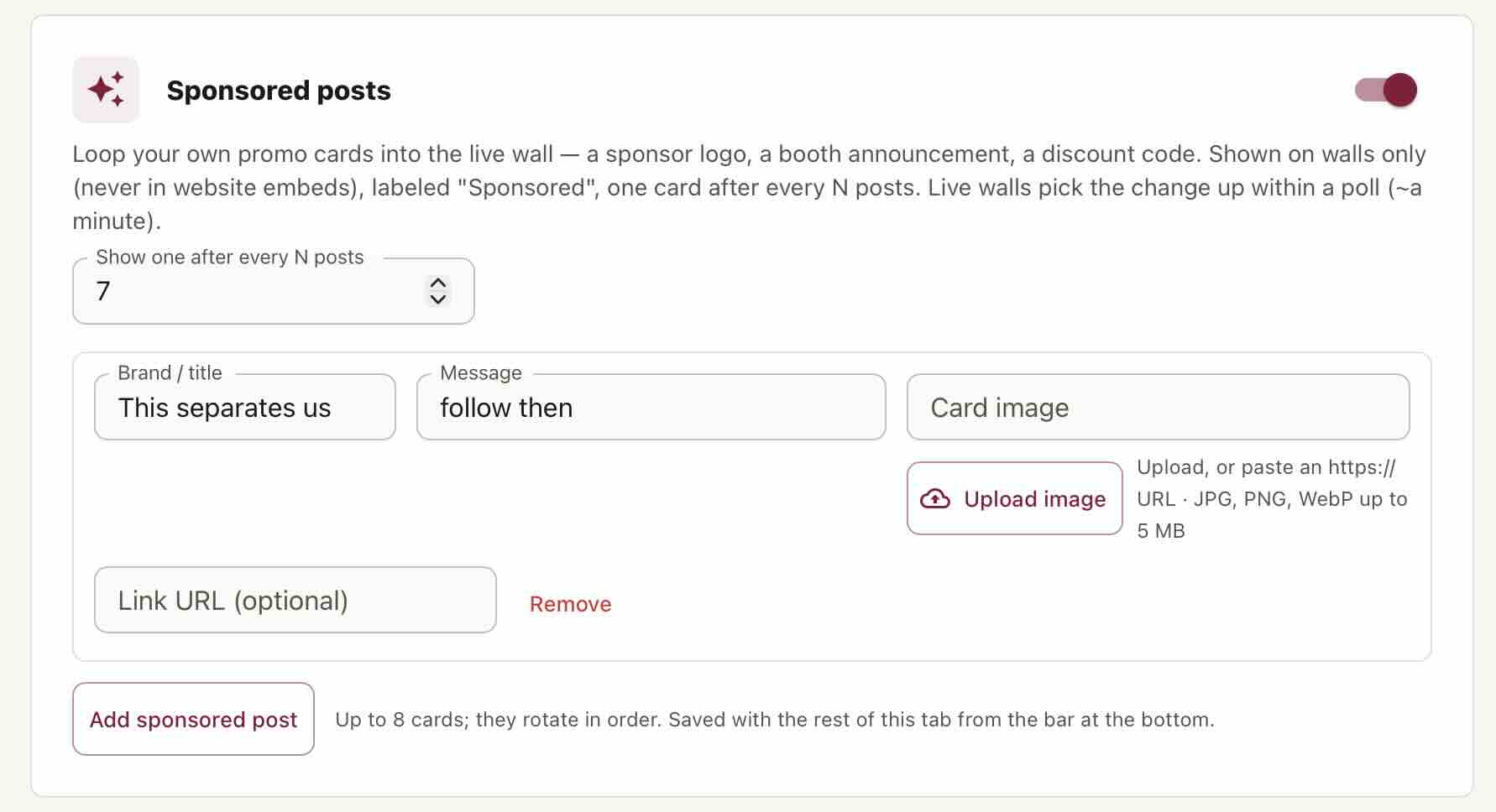 CollectSocials sponsored posts settings with a show one after every N posts field set to seven, brand title and message fields, a card image upload accepting JPG PNG or WebP, and an add sponsored post button