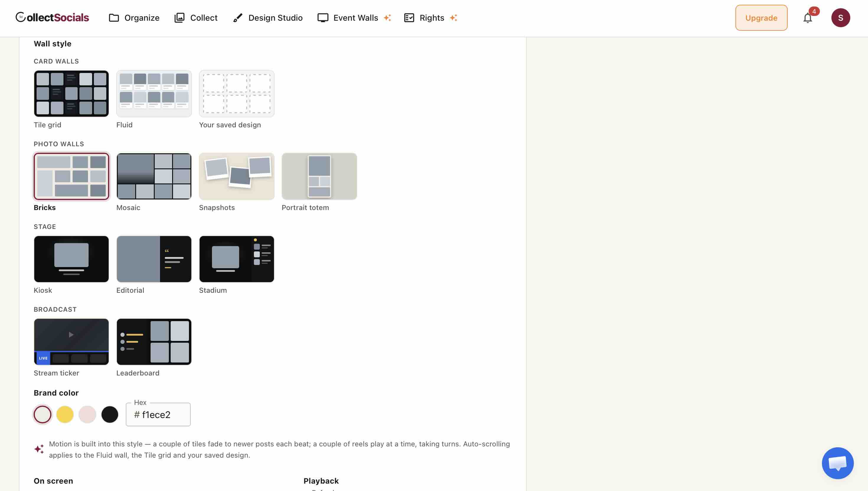 The CollectSocials wall style picker showing eleven native big-screen modes grouped into Card walls, Photo walls, Stage and Broadcast, with Bricks selected and a brand colour field below