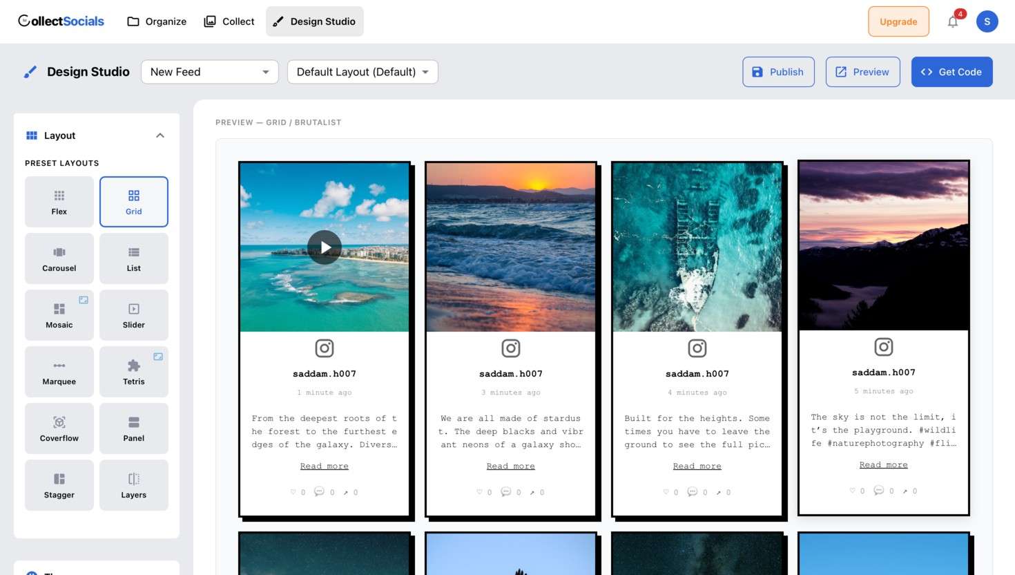 CollectSocials Design Studio showing Instagram feed layout and theme options