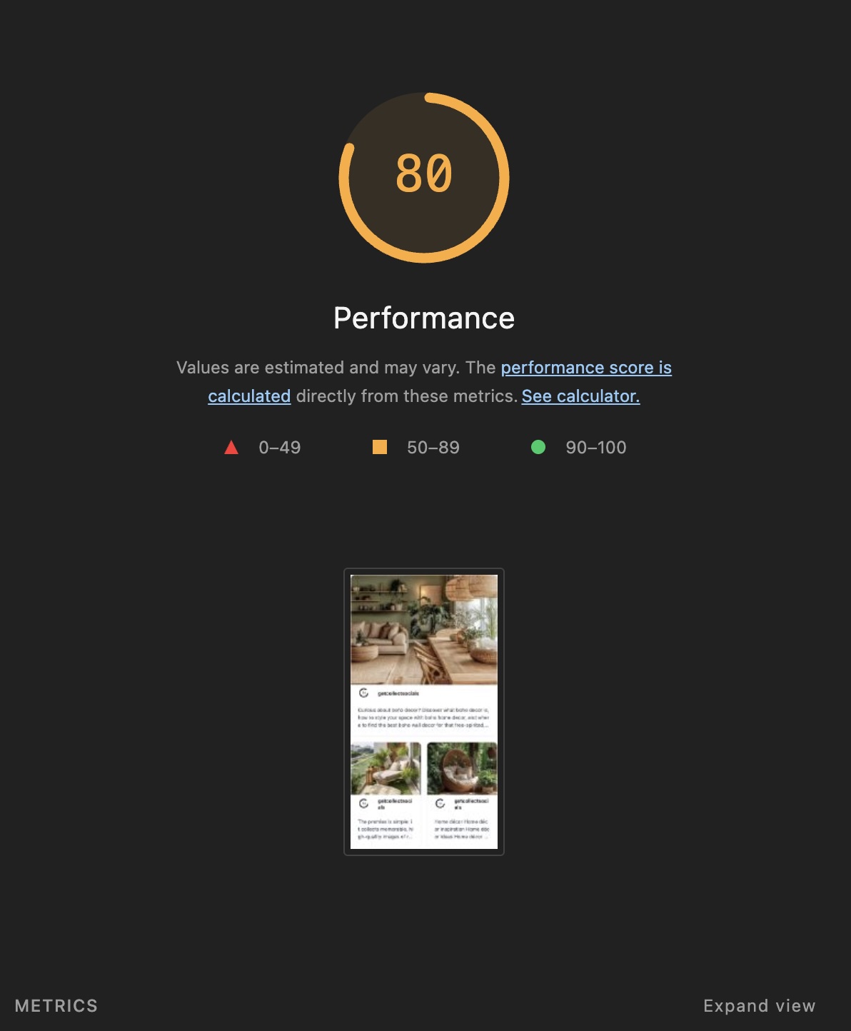 CollectSocials Lighthouse performance score of 80 tested on a Pinterest feed widget