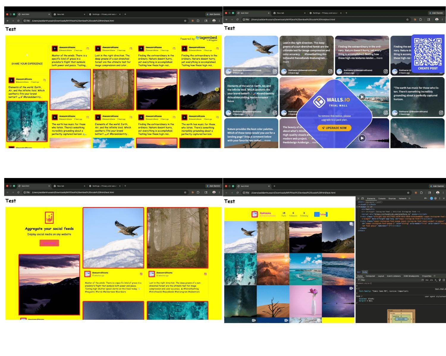 CSS isolation test results showing which Instagram feed widgets leak styles and which are protected