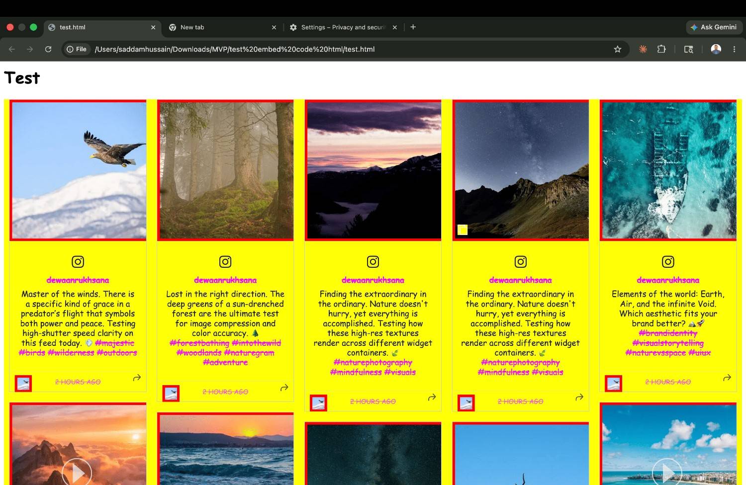 Curator.io CSS leak test showing yellow backgrounds, Comic Sans, and red borders penetrating the widget
