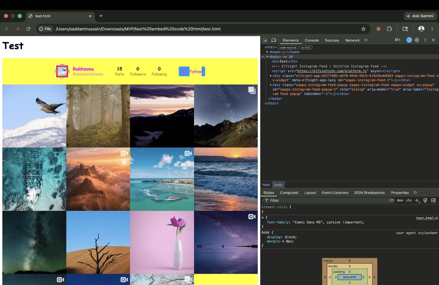 Elfsight Instagram widget with no CSS isolation — yellow backgrounds, Comic Sans text, and red image borders from host page styles bleeding in