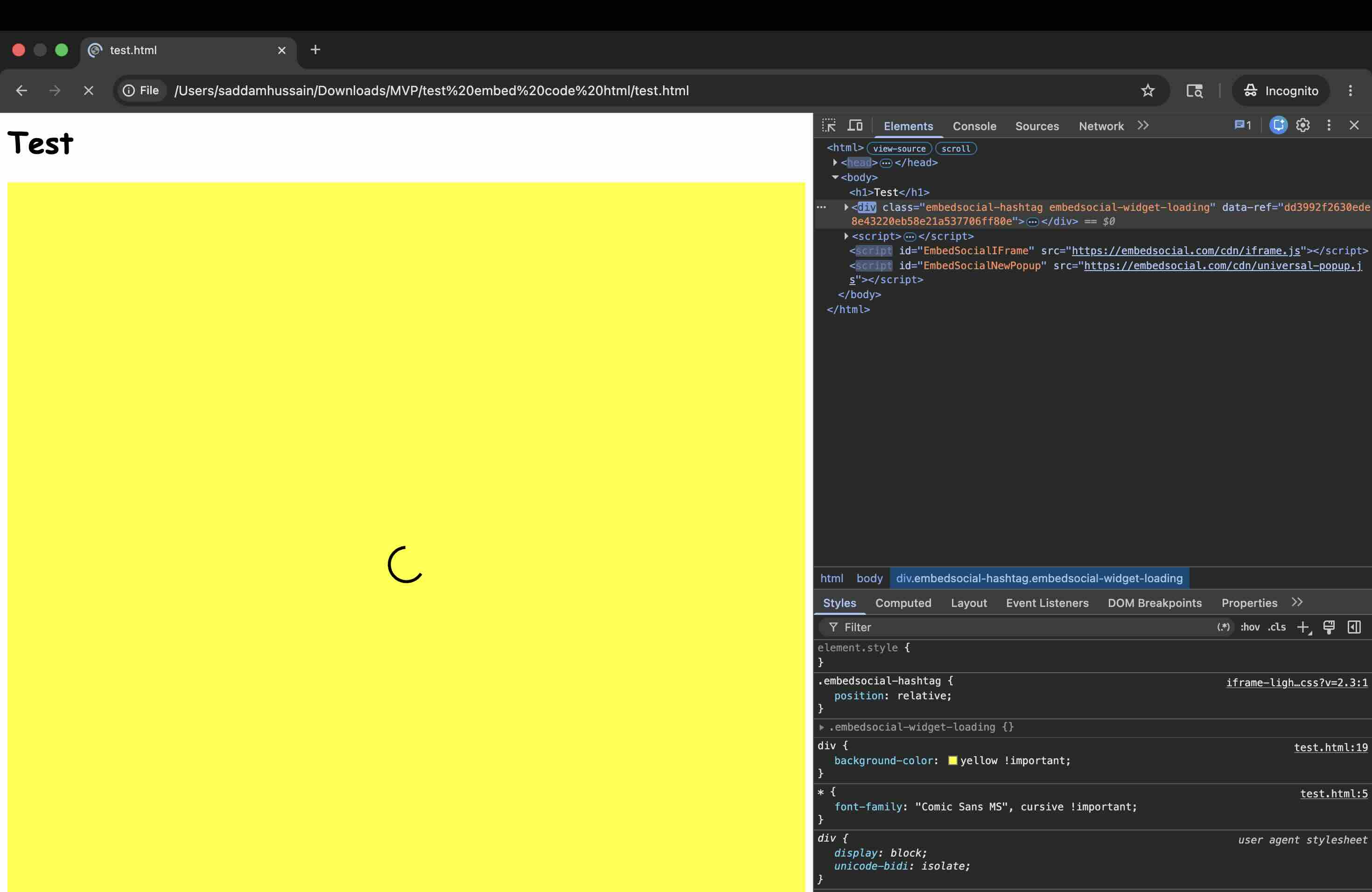 EmbedSocial JavaScript embed showing yellow background leak during loading phase from aggressive CSS test