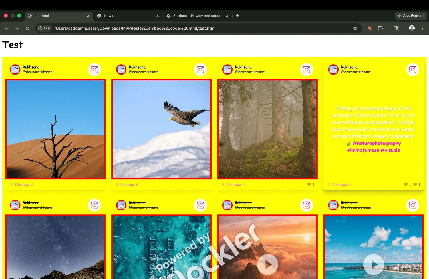 Flockler default script embed CSS leak test — yellow backgrounds, Comic Sans, and red borders showing zero style isolation