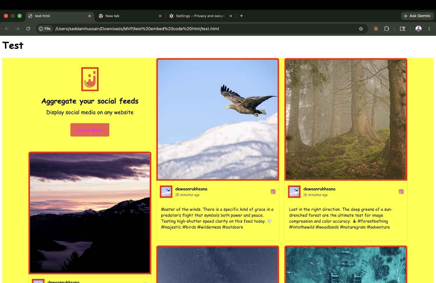 Juicer.io CSS leak test — yellow backgrounds, Comic Sans, and red borders showing zero style isolation on the default script embed