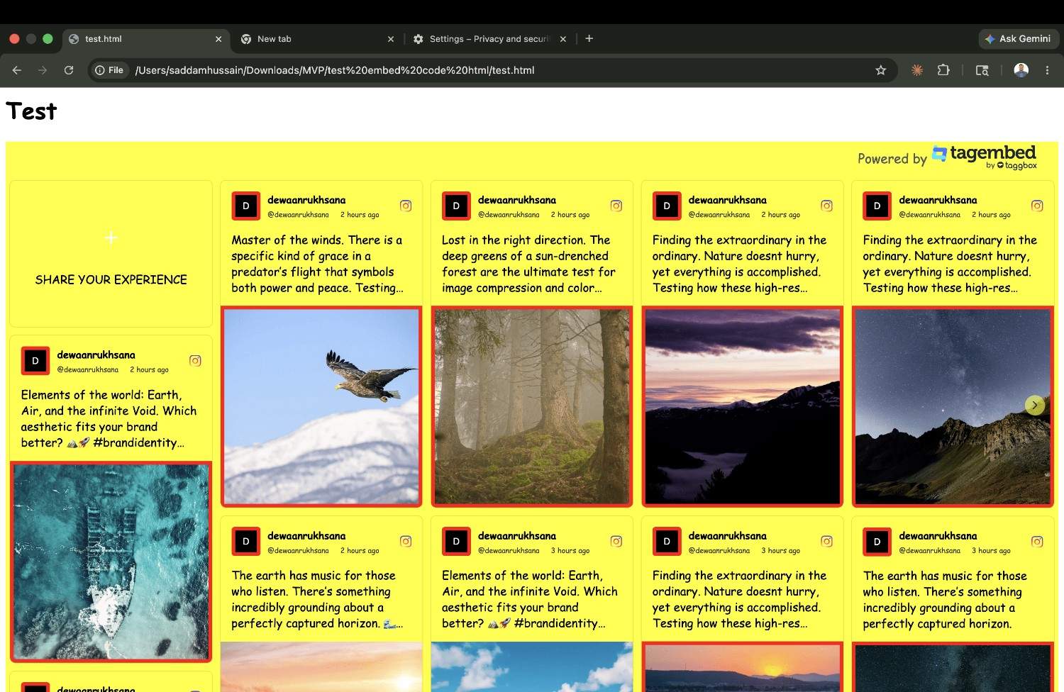 Tagembed CSS leak test showing style contamination on the default script embed