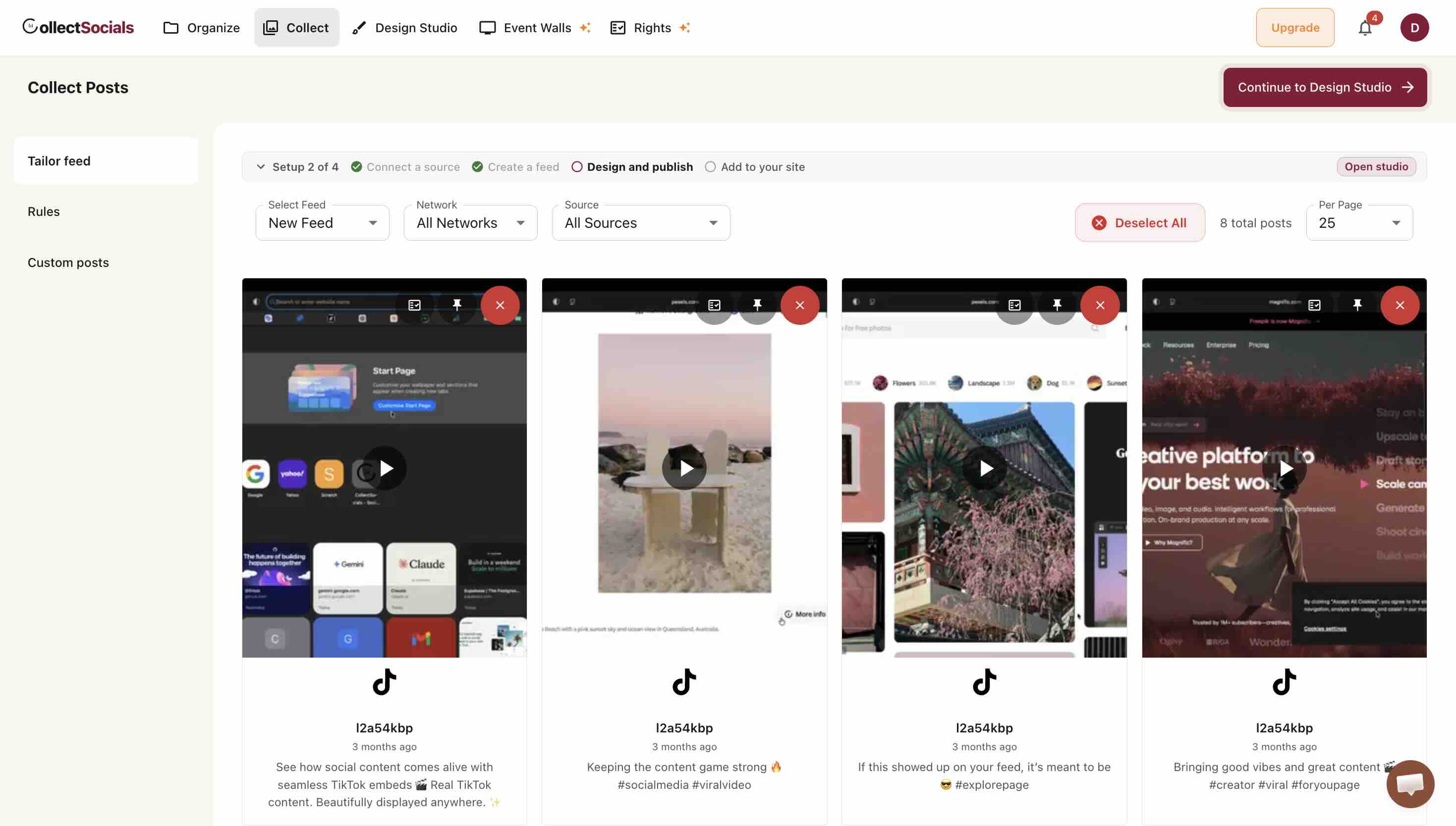The Collect Posts screen in CollectSocials showing synced TikTok videos as vertical tiles with pin and remove controls