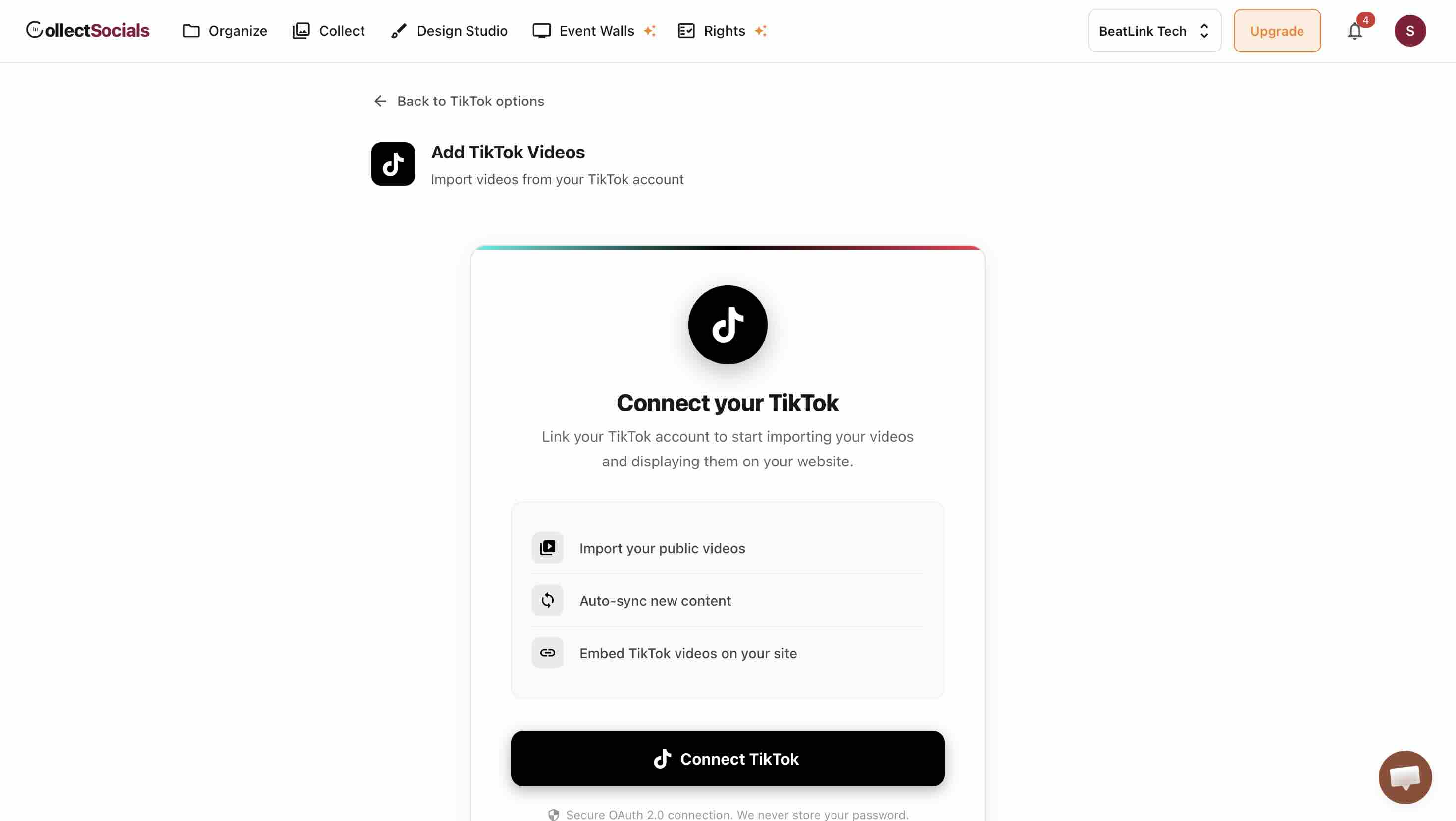 The Connect your TikTok screen in CollectSocials listing what will be imported before the OAuth redirect