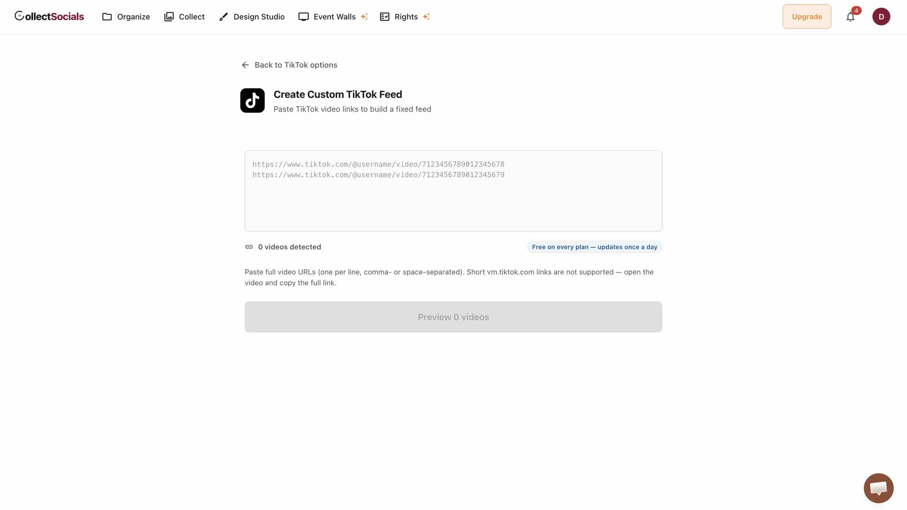 The Create Custom TikTok Feed screen in CollectSocials with a box for pasting full TikTok video URLs and a live count of videos detected