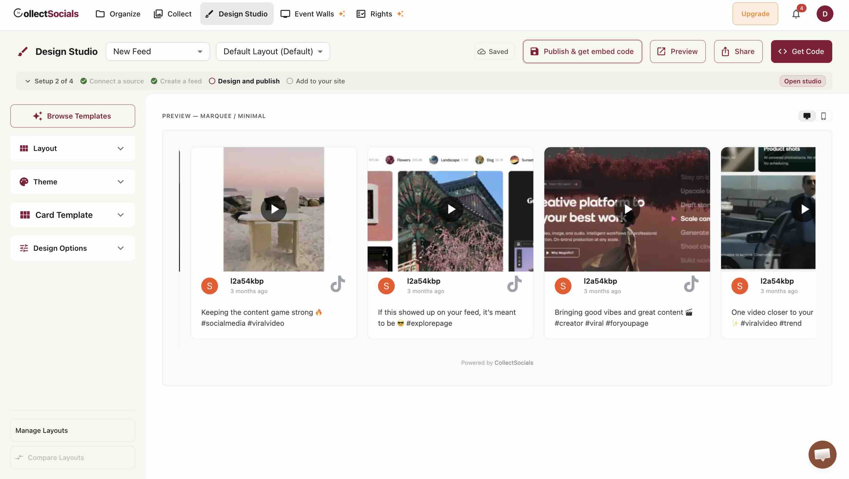 The CollectSocials Design Studio previewing a TikTok feed in a marquee layout with cover images and play buttons on each card