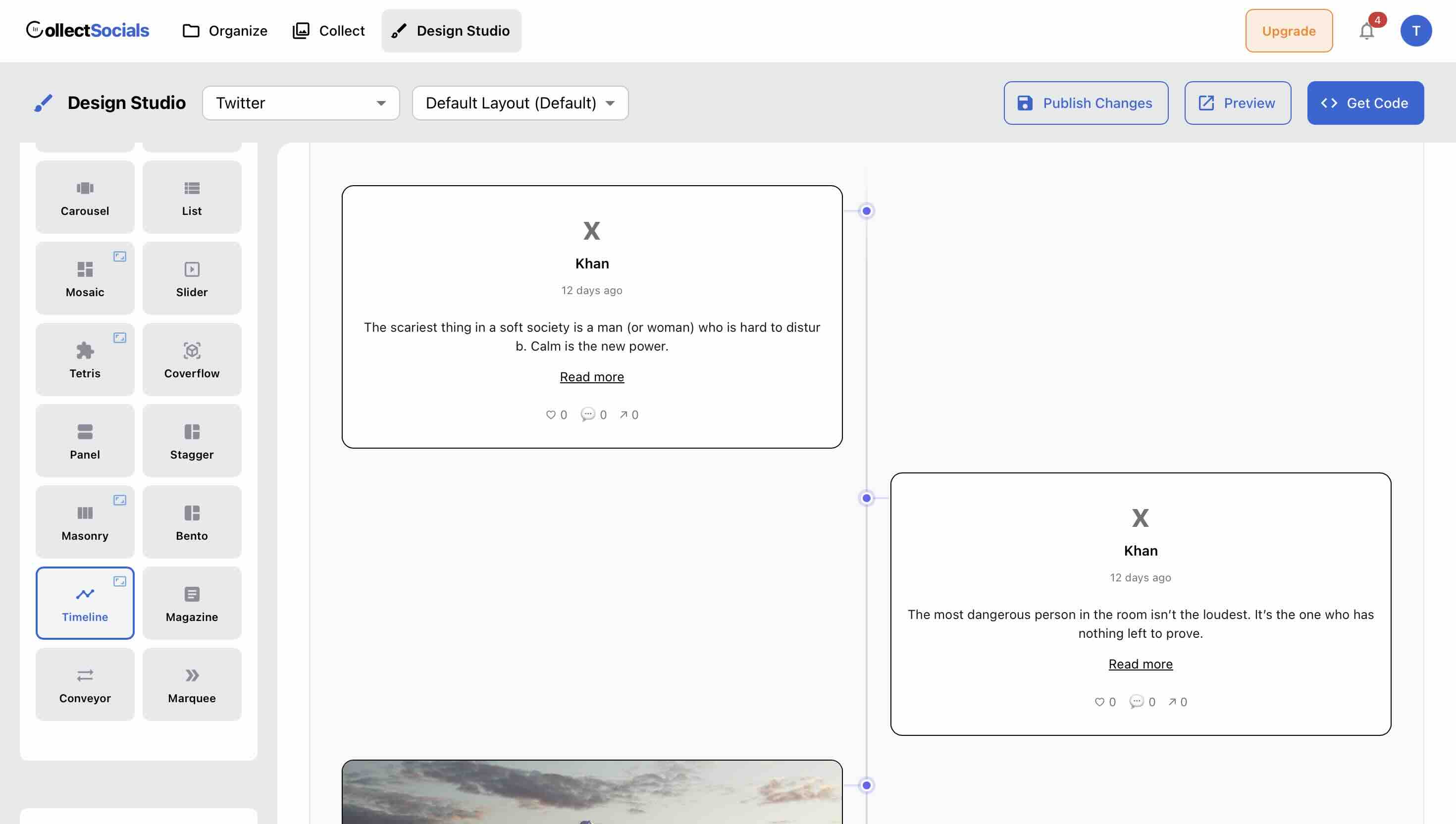 CollectSocials Design Studio showing 14 layout options including Timeline selected with live X feed preview