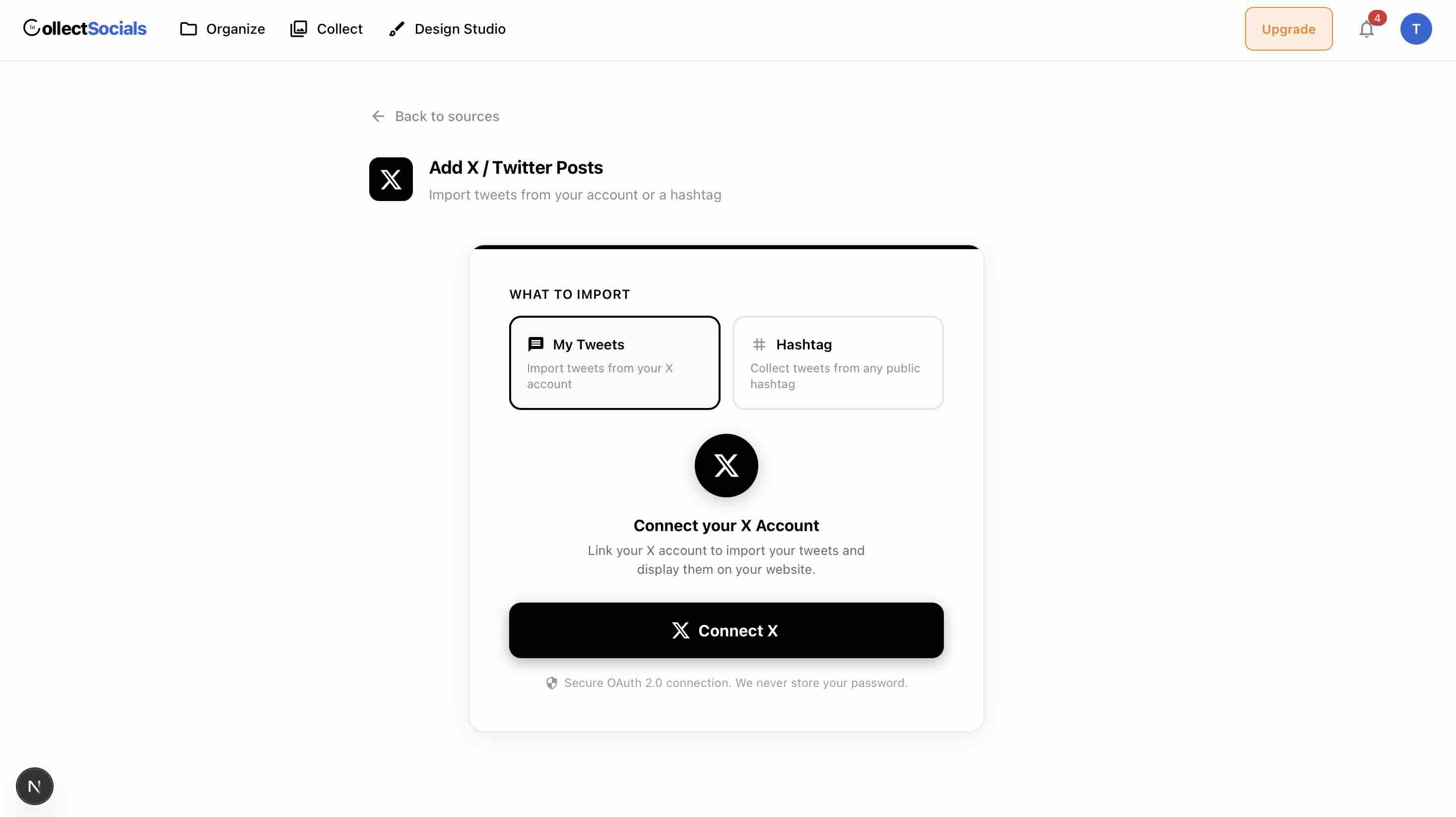 CollectSocials X connection page showing My Tweets and Hashtag import options with secure OAuth 2.0 connection