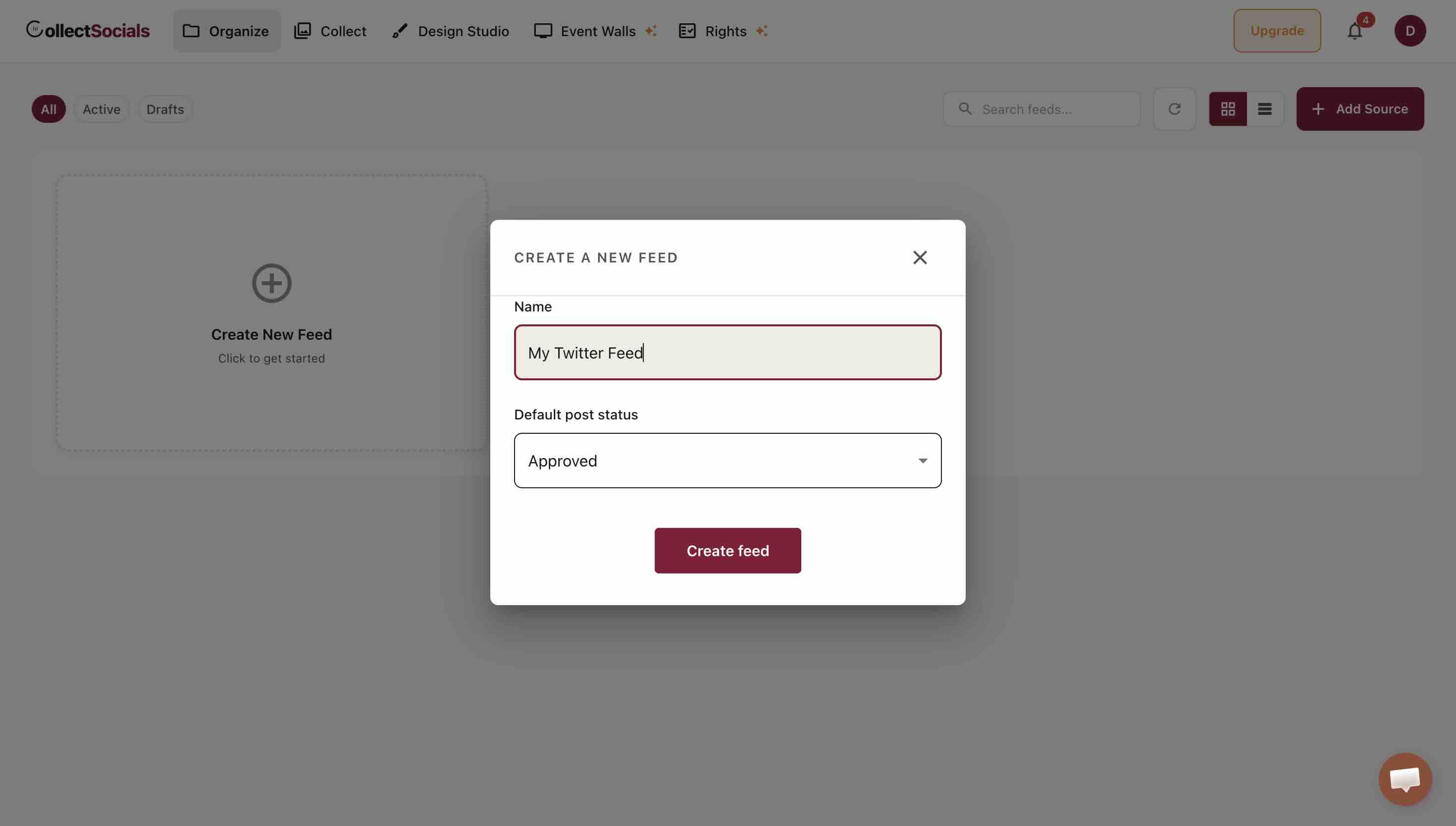 The Create a new feed dialog in CollectSocials with the name My Twitter Feed entered and Default post status set to Approved