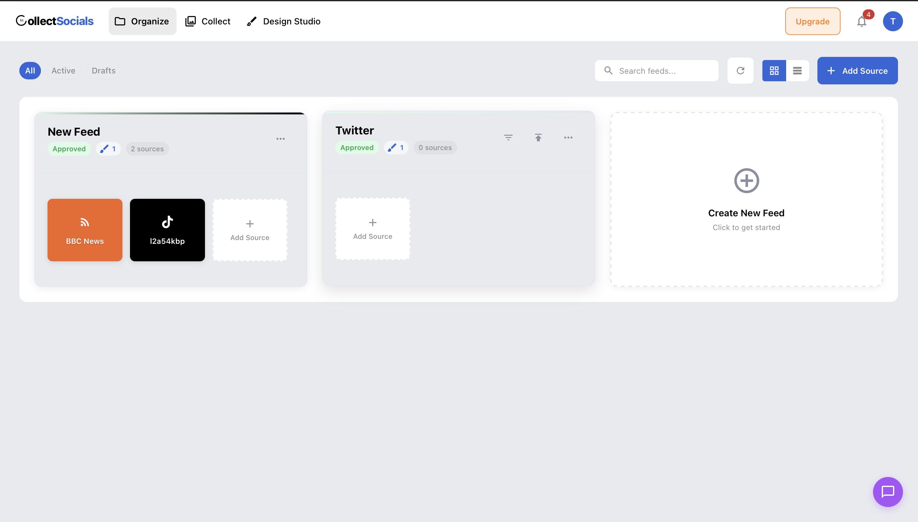 CollectSocials Organize dashboard showing feed management with a Twitter feed and Create New Feed option
