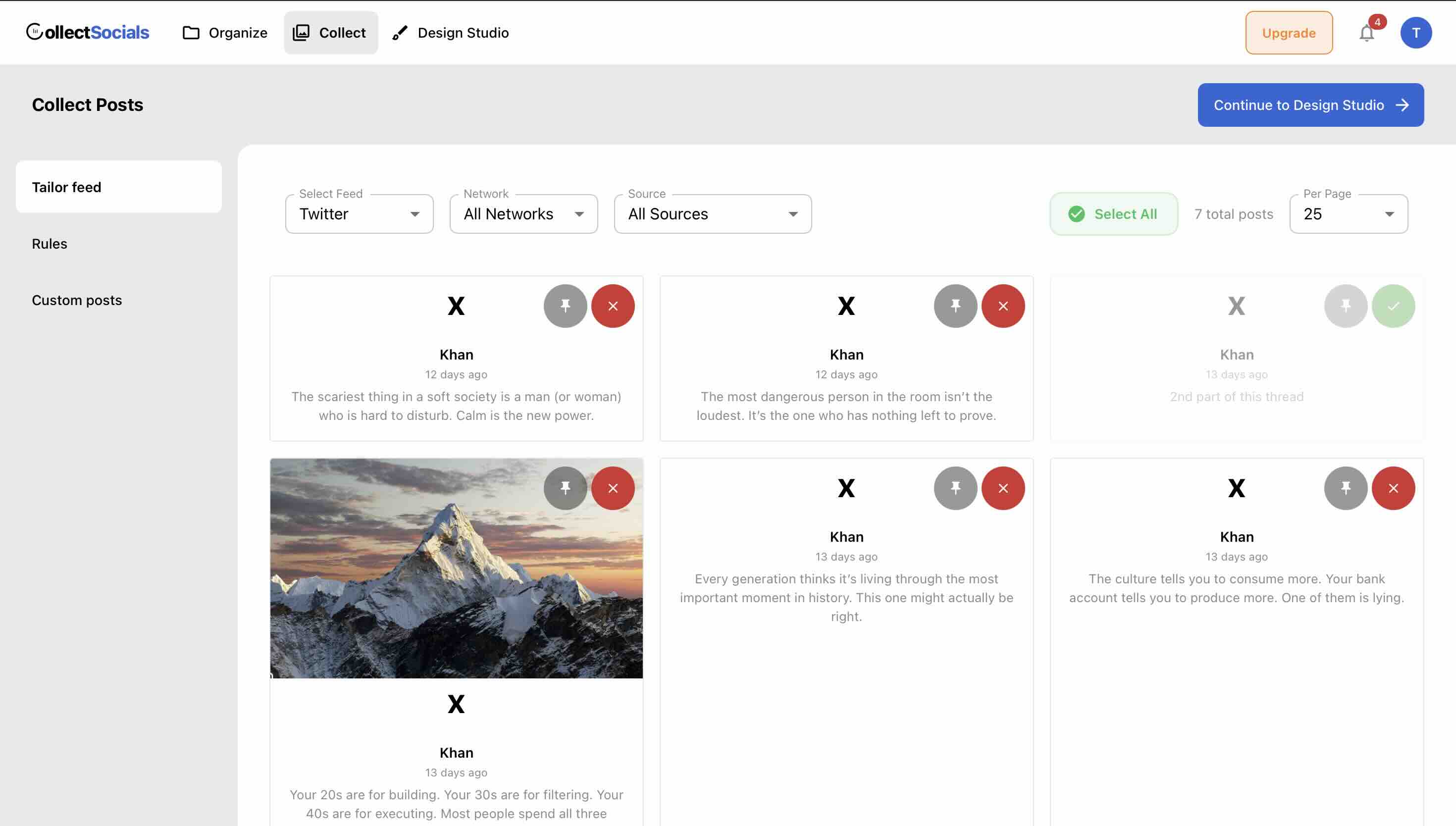 CollectSocials Collect Posts page showing X tweets with pin and reject moderation buttons on each post