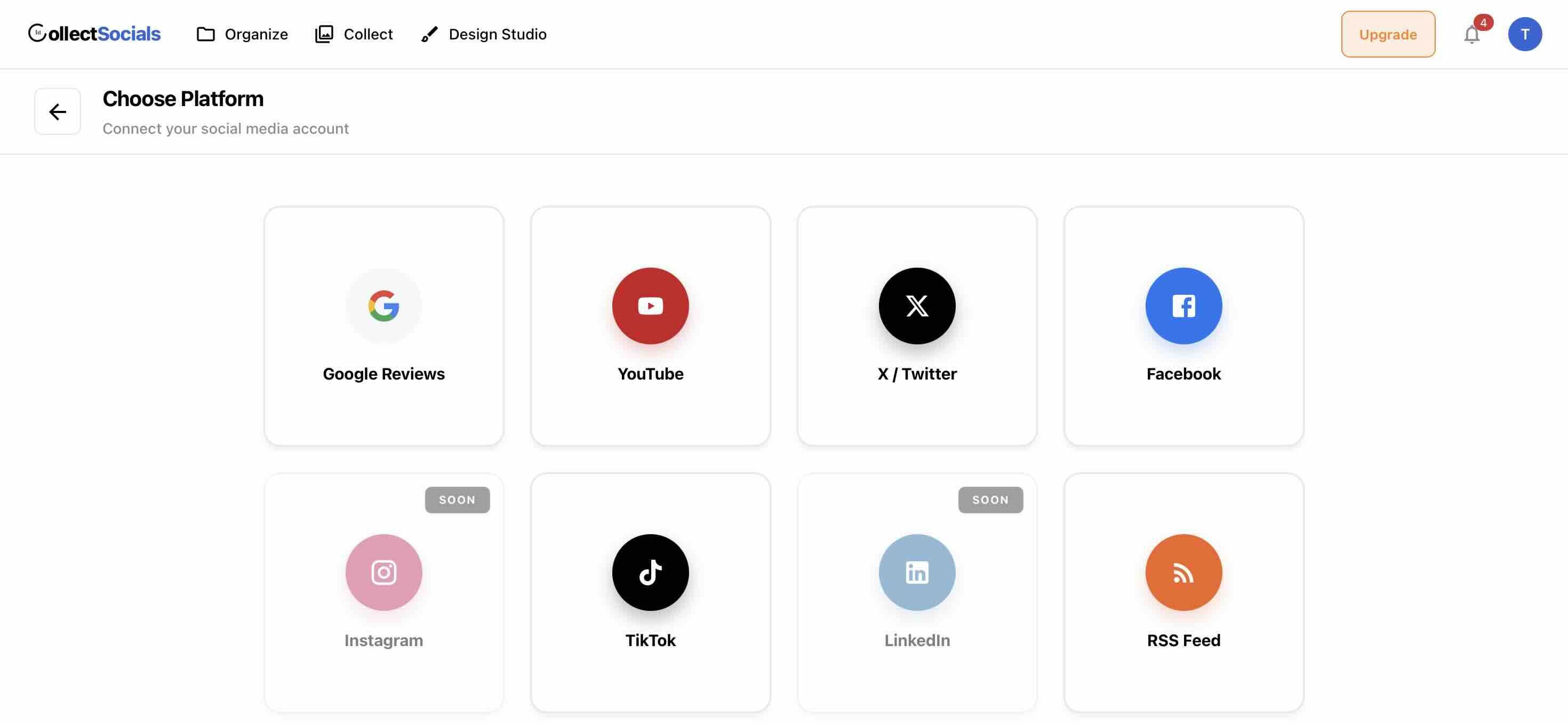 CollectSocials Choose Platform page showing X/Twitter, YouTube, Google Reviews, Facebook, TikTok, and other source options