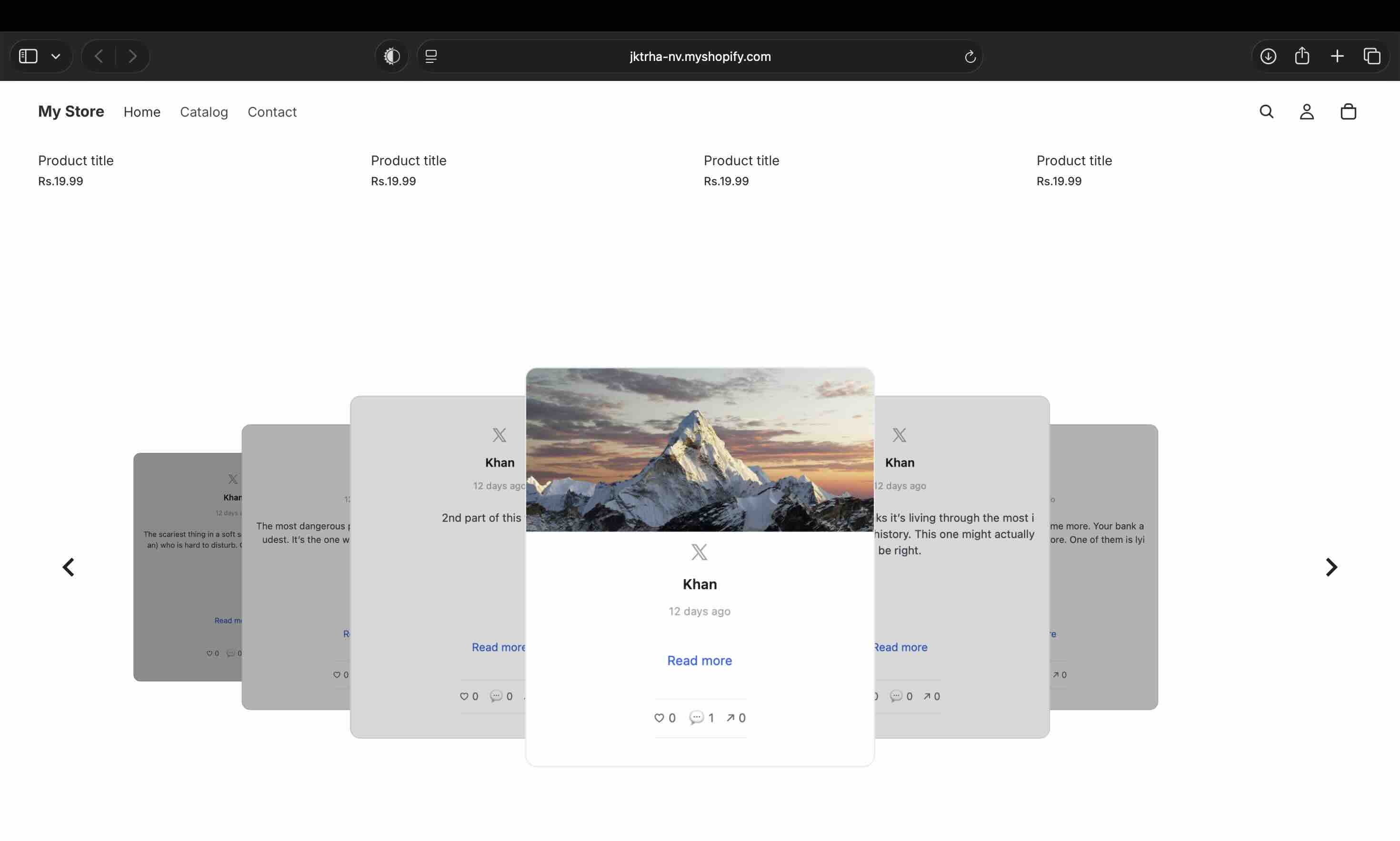 A full-width responsive X feed slider widget rendering inside a page-width container on a Shopify online store homepage