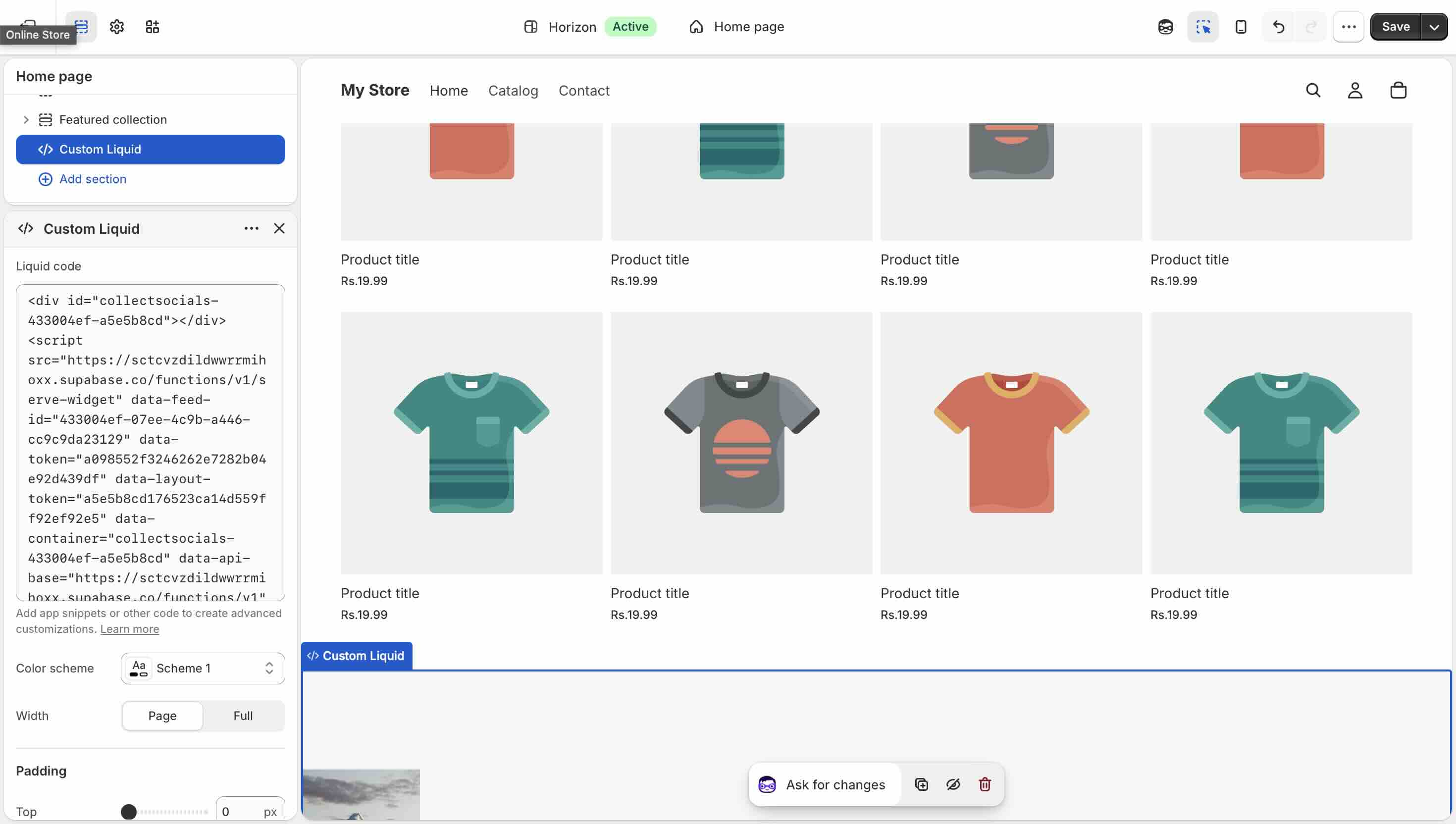 Navigating the Shopify Online Store 2.0 theme manager workspace to place custom integration code into the sidebar layout settings