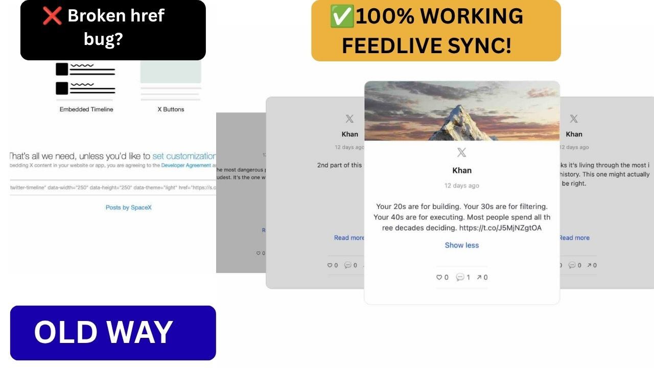 Comparison of native X publish.x.com embed showing broken href bug versus CollectSocials live working X feed widget
