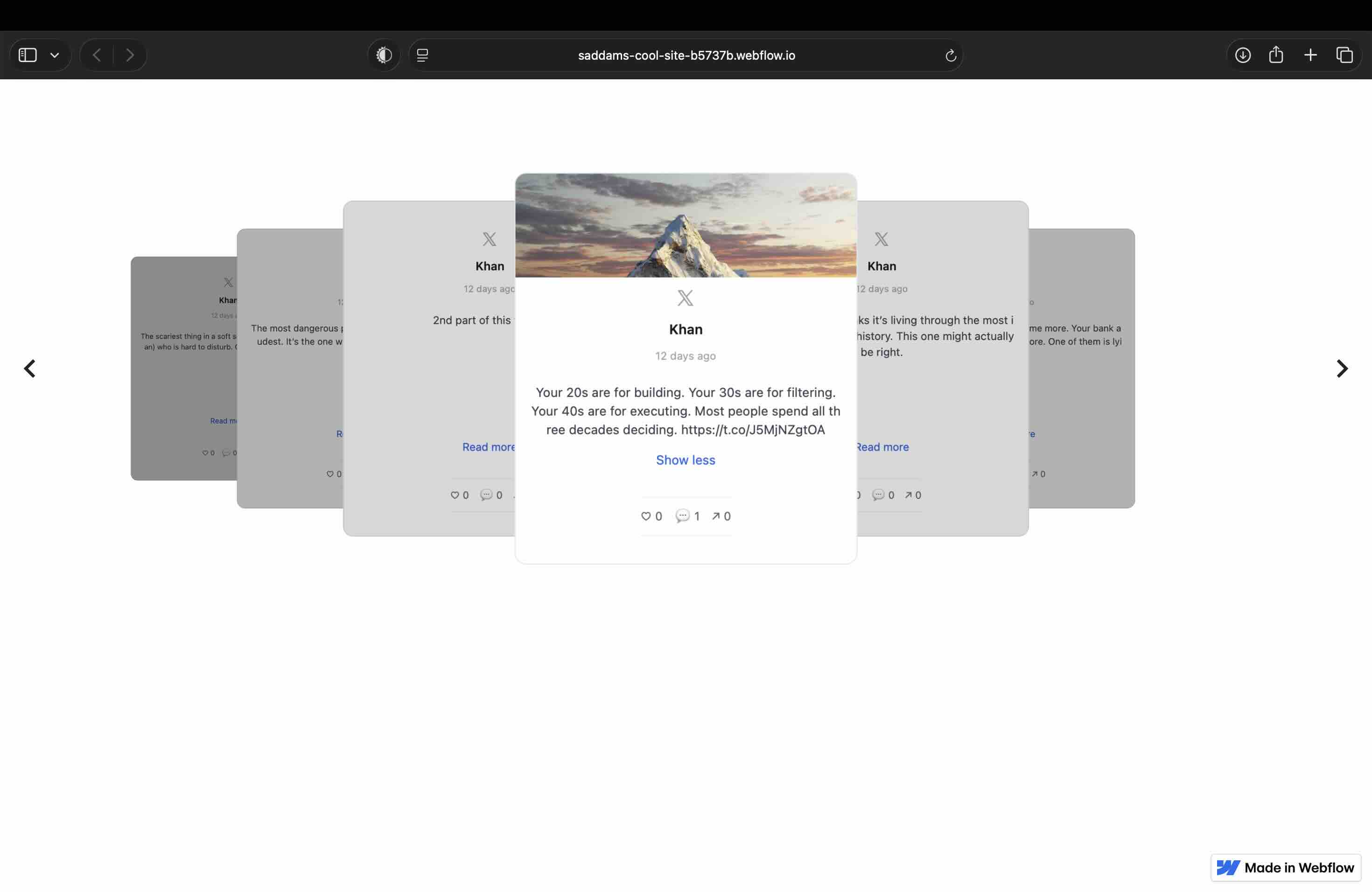 An authentic, responsive horizontal social card slider widget executing flawlessly on a .webflow.io staging domain view
