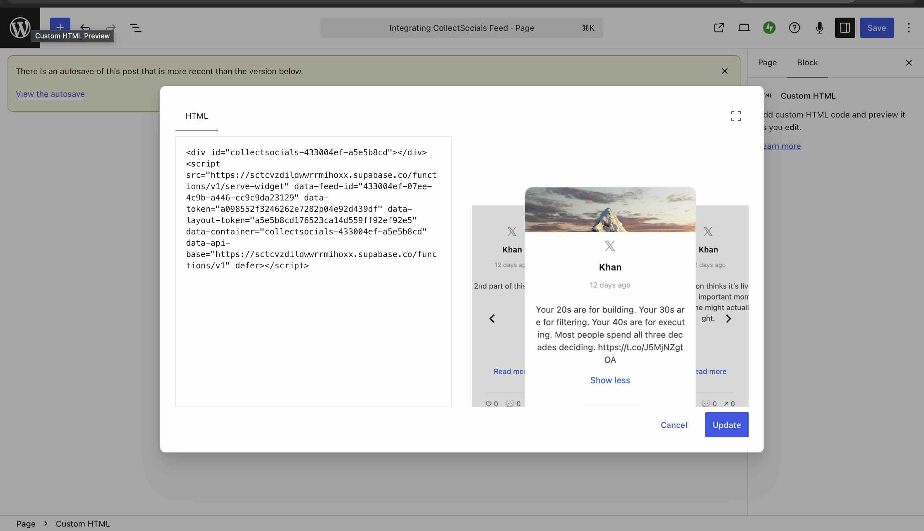The WordPress Gutenberg block editor layout displaying the platform integration script pasted neatly into a core Custom HTML block