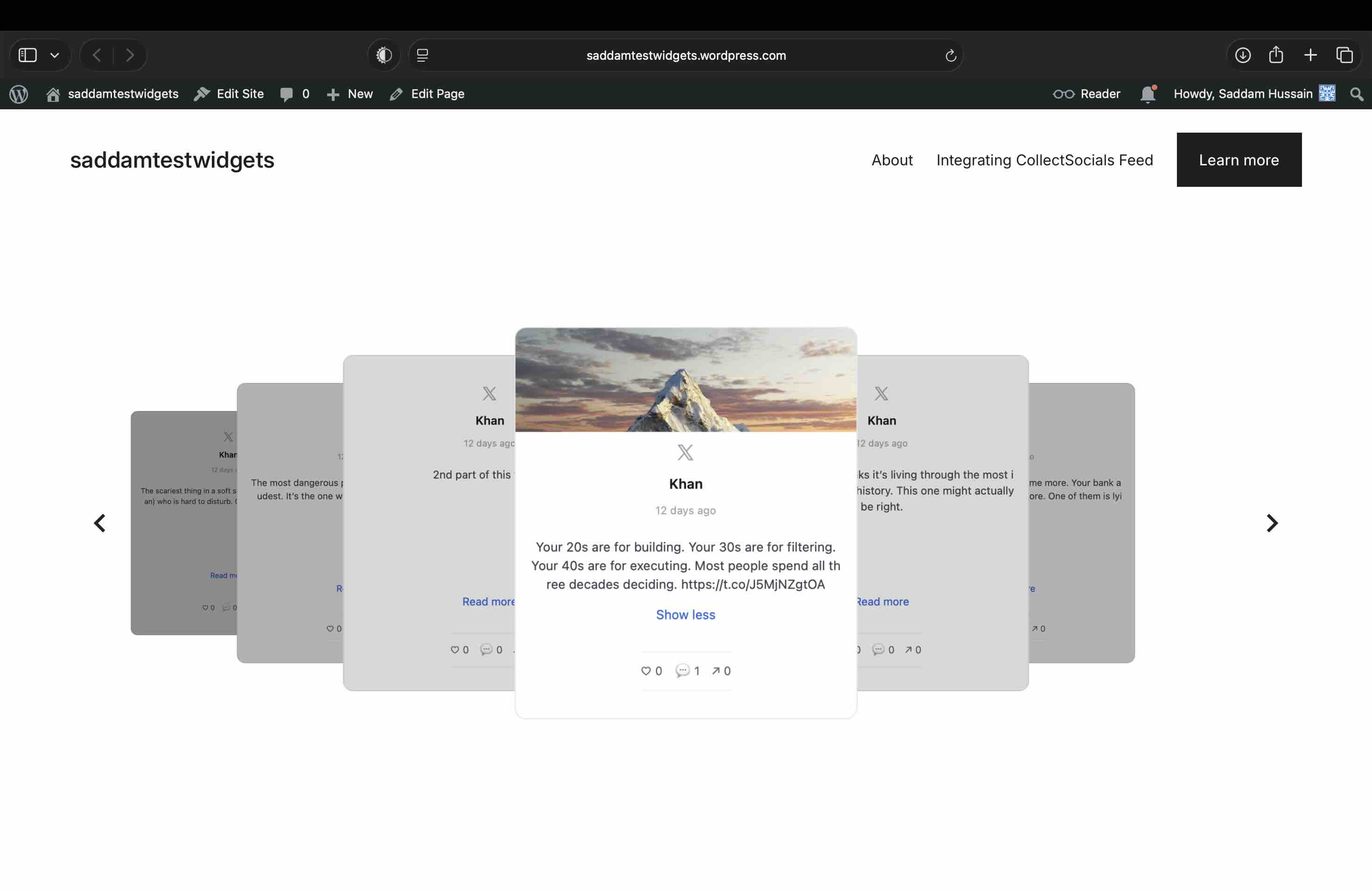 The genuine frontend rendering of the dynamic social media card slider component loading underneath the page header on a WordPress site