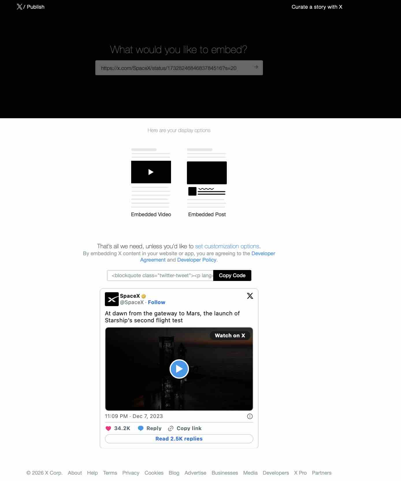 publish.x.com showing a SpaceX post with Embedded Video and Embedded Post display options and a working preview