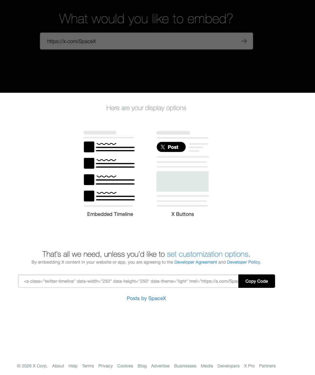 publish.x.com showing SpaceX profile URL with Embedded Timeline option that only generates an anchor tag saying Posts by SpaceX