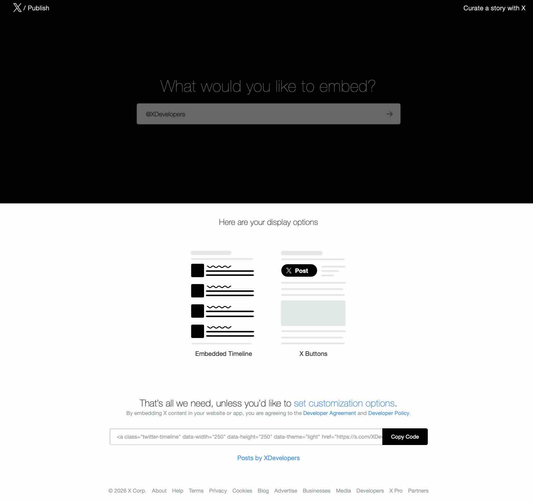 publish.x.com with @XDevelopers handle showing Embedded Timeline and X Buttons options with broken s.com link