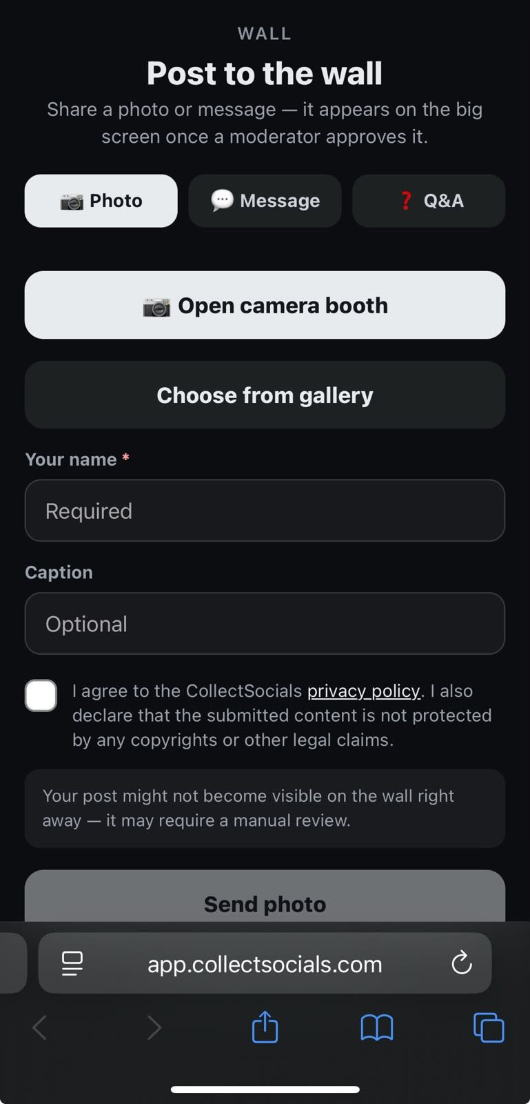 CollectSocials attendee post form on a phone, with Photo, Message and Q and A tabs, an Open camera booth button, a Choose from gallery button, a required name field, an optional caption, and a consent checkbox