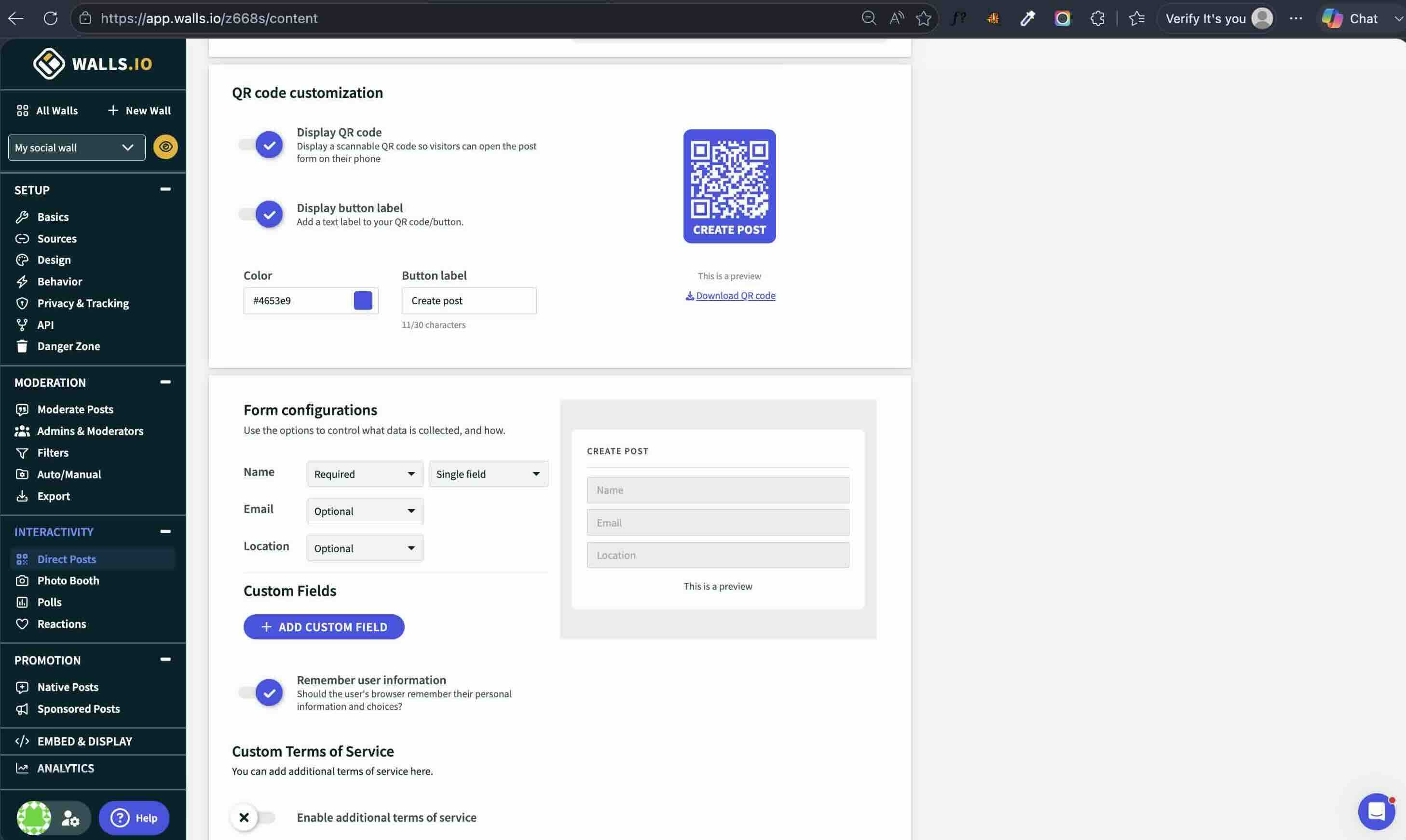Walls.io Direct Posts settings showing QR code customisation with a downloadable Create post code, form configuration setting Name to required with Email and Location optional, and a Custom Terms of Service section whose enable toggle is switched off