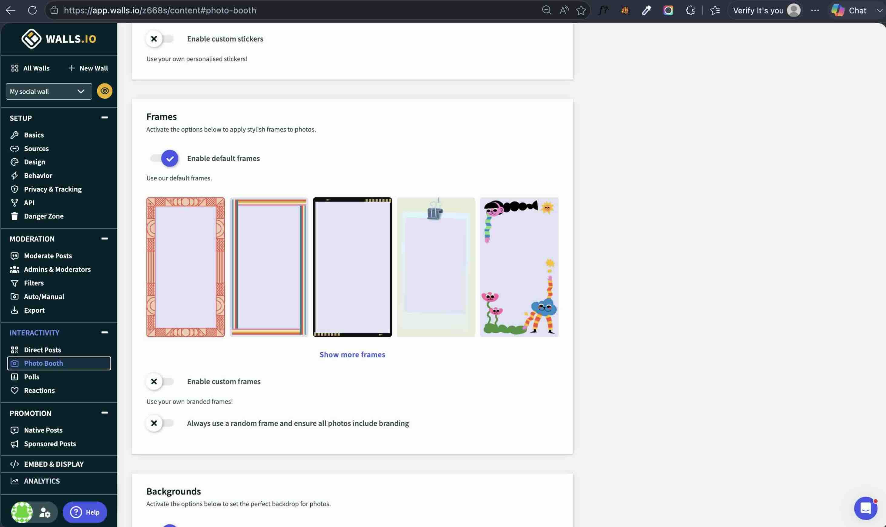 Walls.io photo booth settings showing a row of five default photo frames, a toggle to enable custom branded frames, and a toggle labelled always use a random frame and ensure all photos include branding