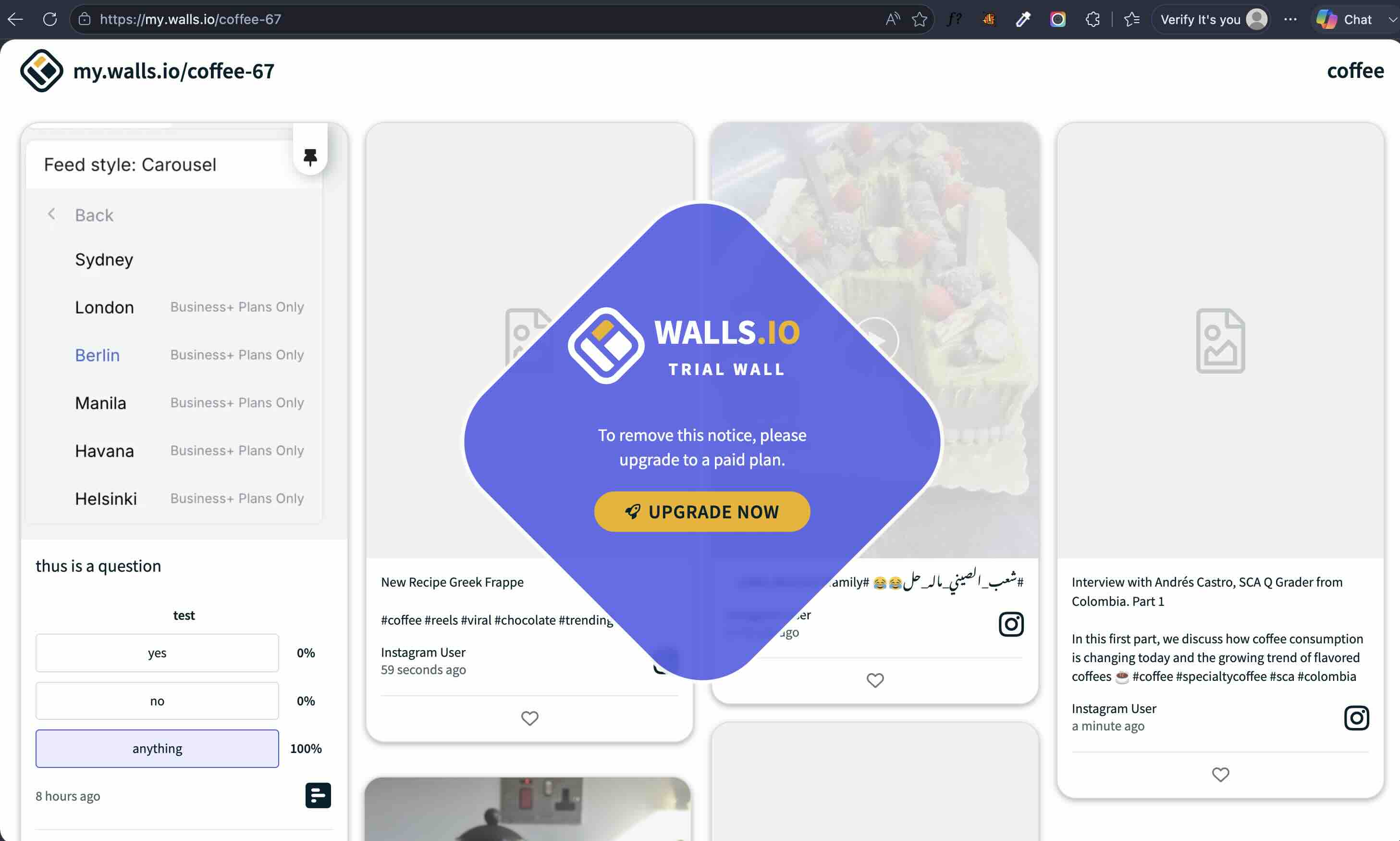 A live Walls.io trial wall showing a large diamond TRIAL WALL upgrade notice across the centre, a live poll in the left sidebar with three options and vote percentages, and a feed style menu listing themes marked Business plus plans only