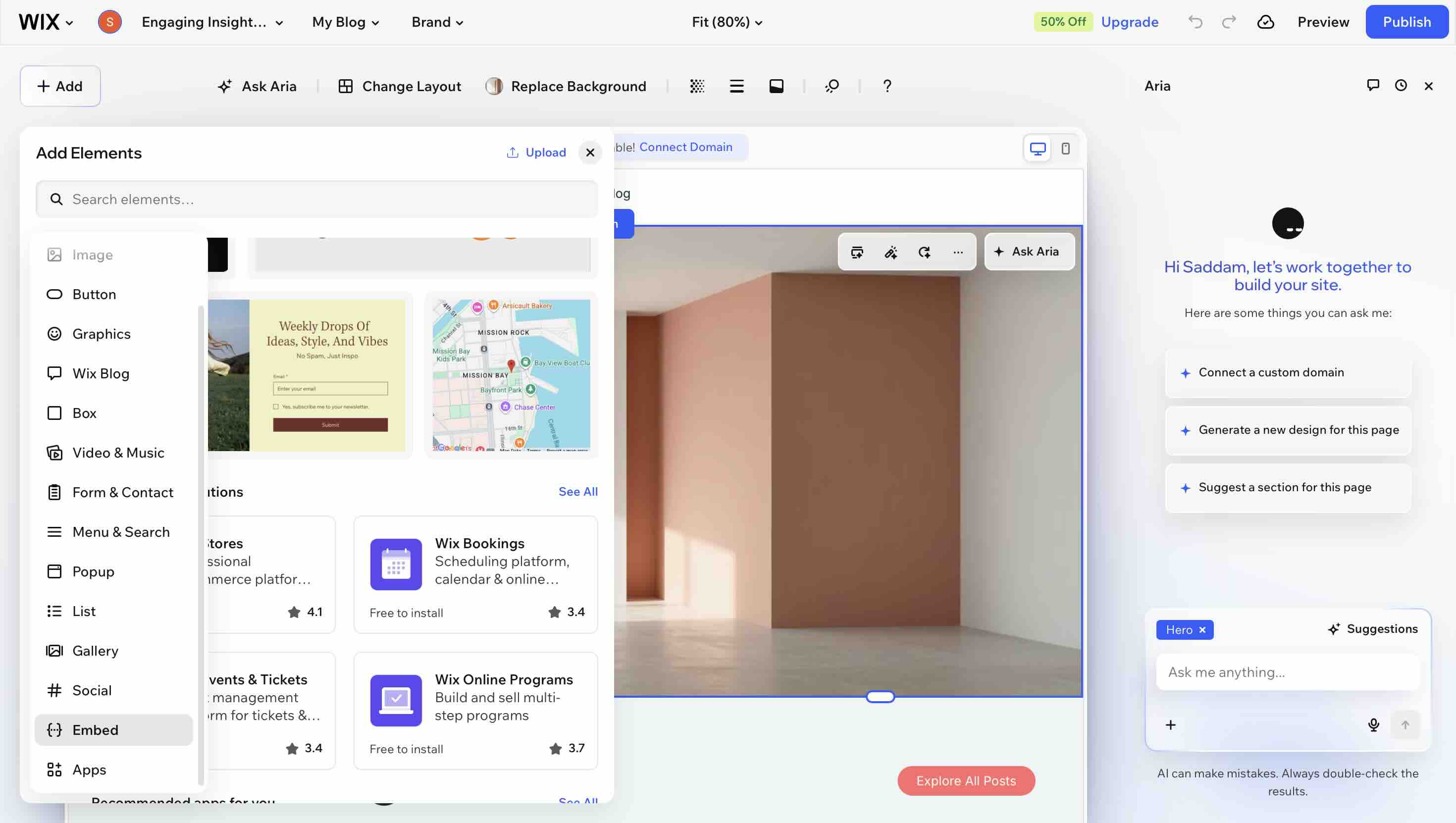 The Wix Add Elements panel with the Embed category selected in the left-hand list, directly below Social