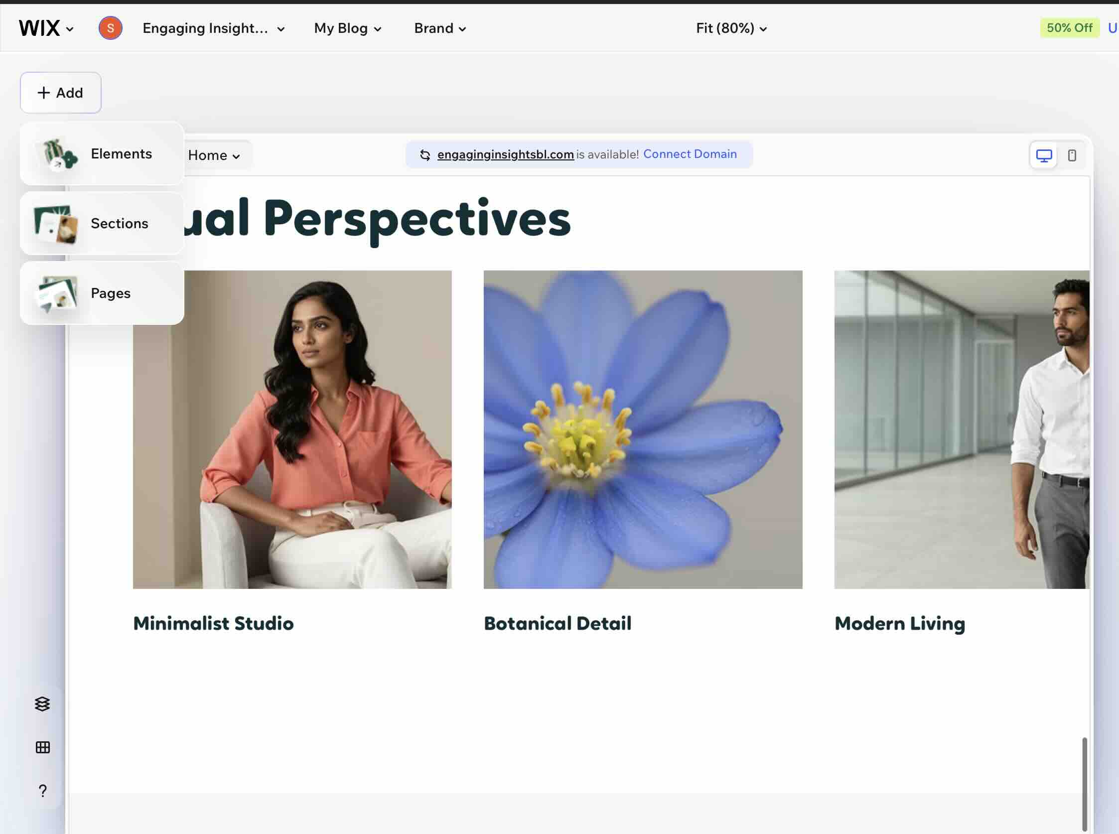 The Wix Editor with the plus Add button open, showing the Elements, Sections and Pages options