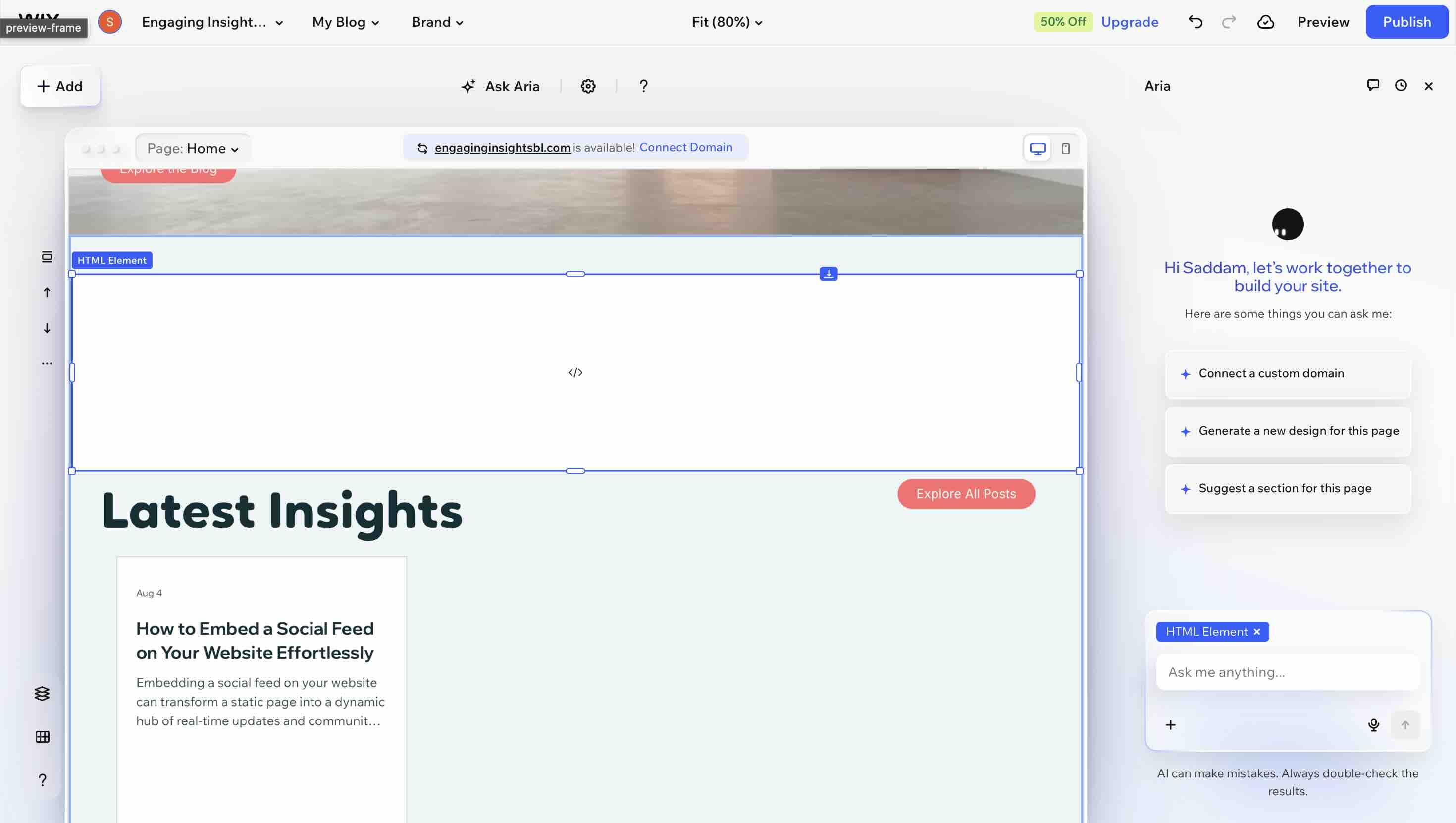 An empty HTML Element placed on a Wix page canvas, sized to full width, showing a code placeholder icon in the centre