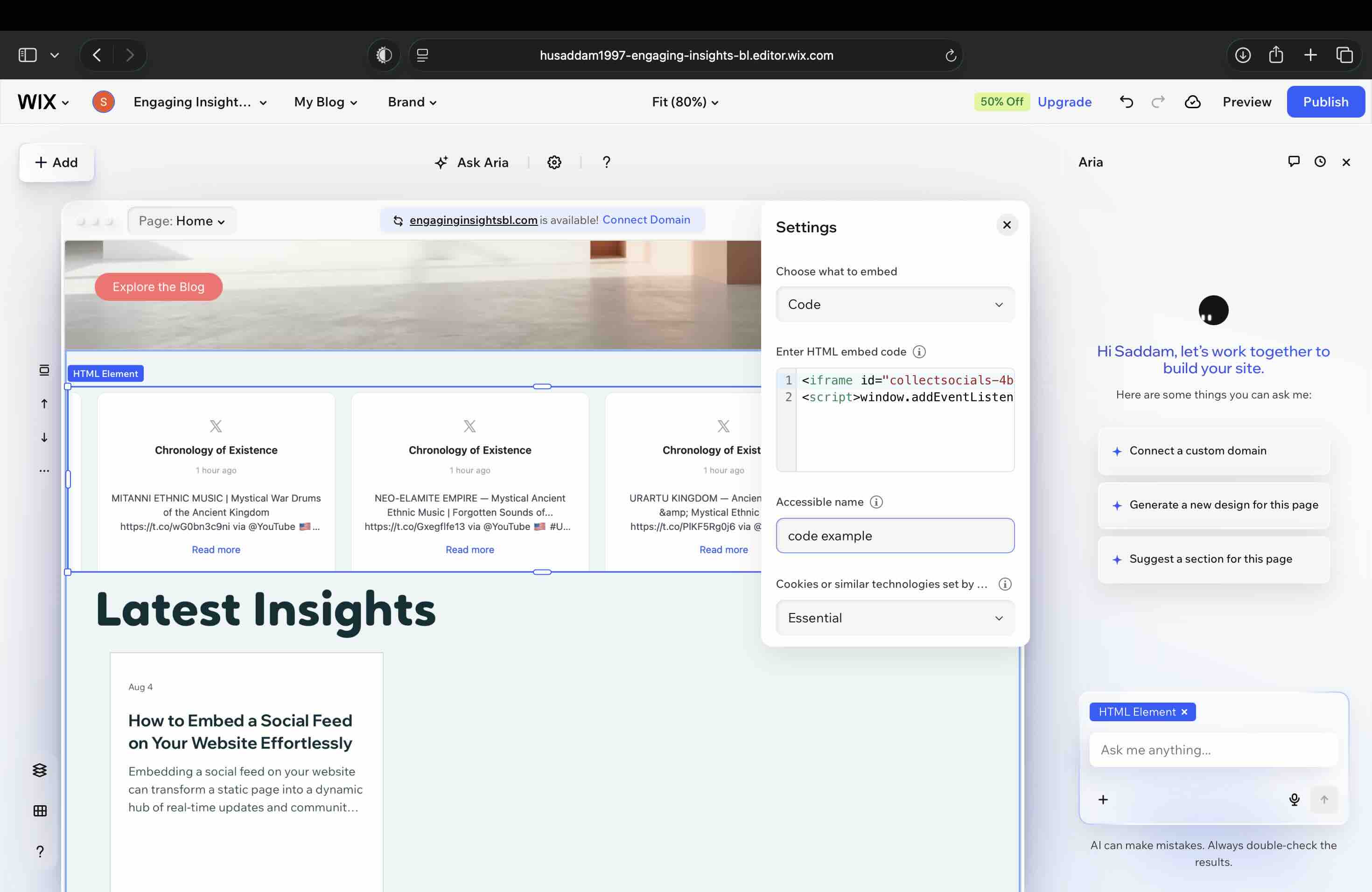 The Wix HTML Element settings panel with Choose what to embed set to Code, an iframe and script snippet pasted into the HTML embed code field, an accessible name filled in, and the cookie category set to Essential